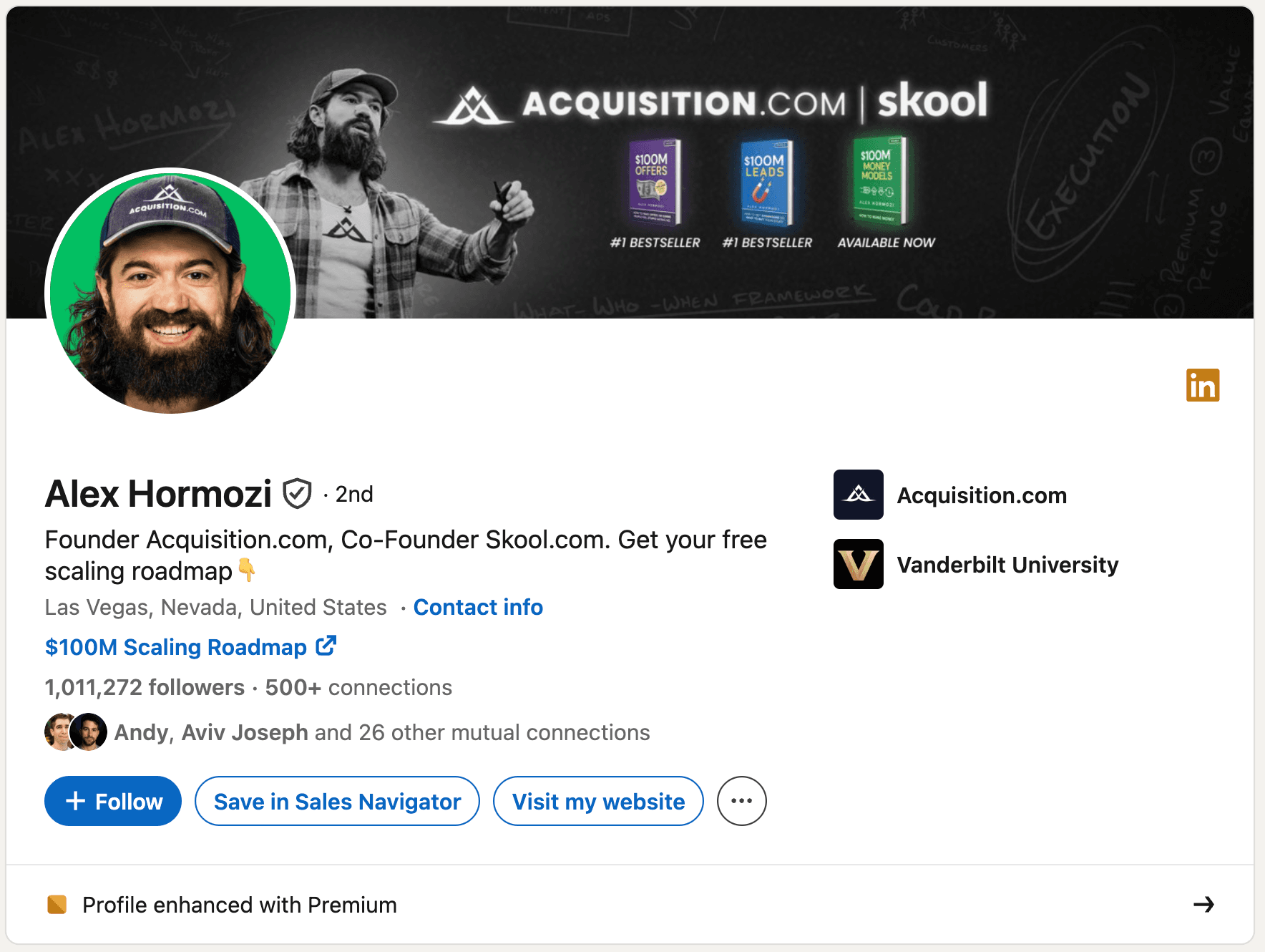 LinkedIn headline example - Alex Hormozi: "Founder Acquisition.com, Co-Founder Skool.com. Get your free scaling roadmap👇"
