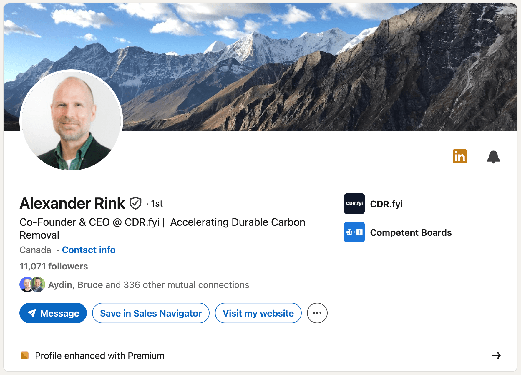 LinkedIn headline example - Alexander Rink (CDR.fyi): "Co-Founder & CEO @ CDR.fyi | Accelerating Durable Carbon Removal"