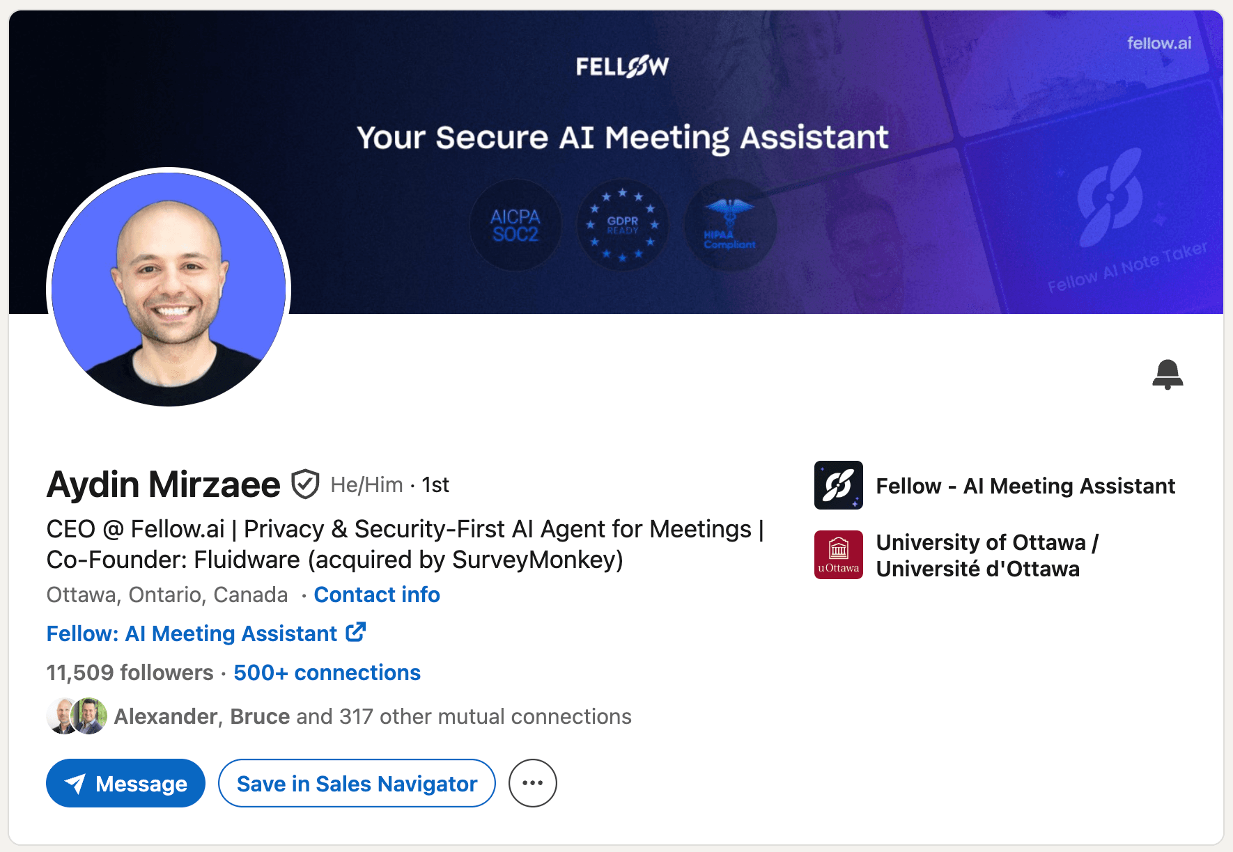 LinkedIn headline example - Aydin Mirzaee (Fellow.ai): "CEO @ Fellow.ai | Privacy & Security-First AI Agent for Meetings | Co-Founder: F"