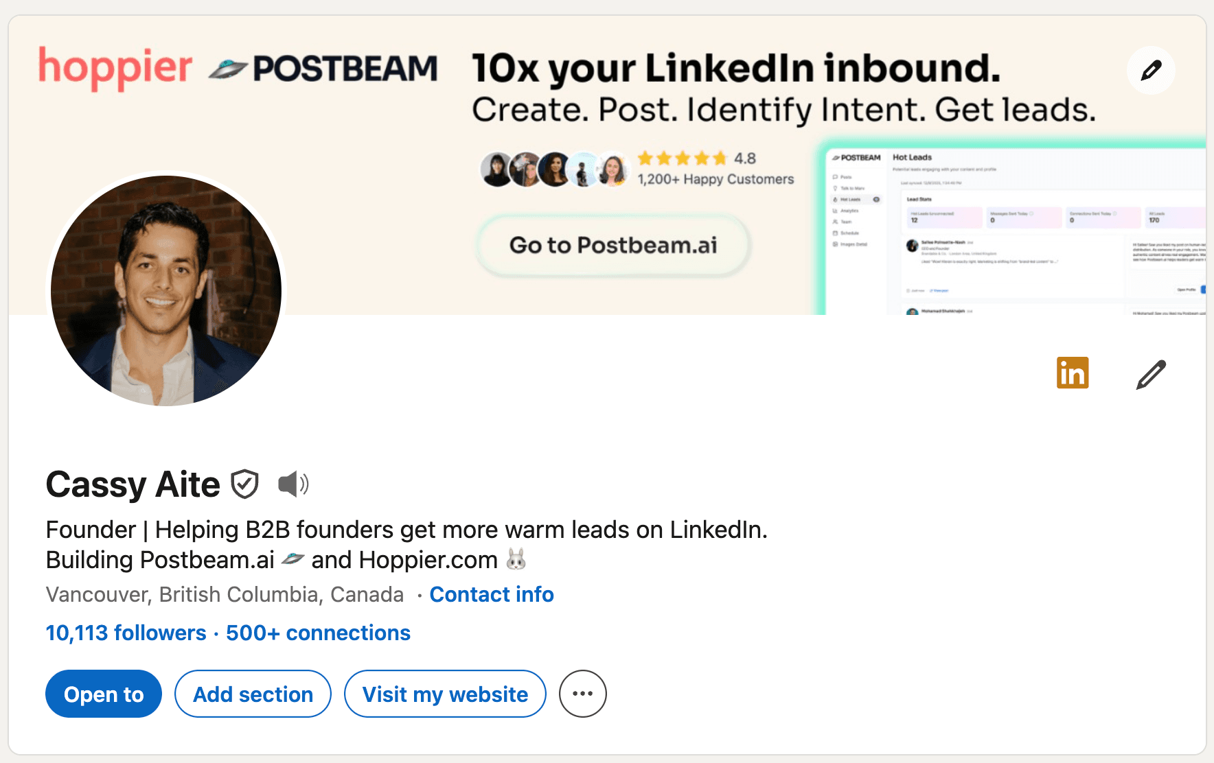 LinkedIn headline example - Cassy Aite (Postbeam, Hoppier): "Founder | Helping B2B founders get more warm leads on LinkedIn. Building Postbea"