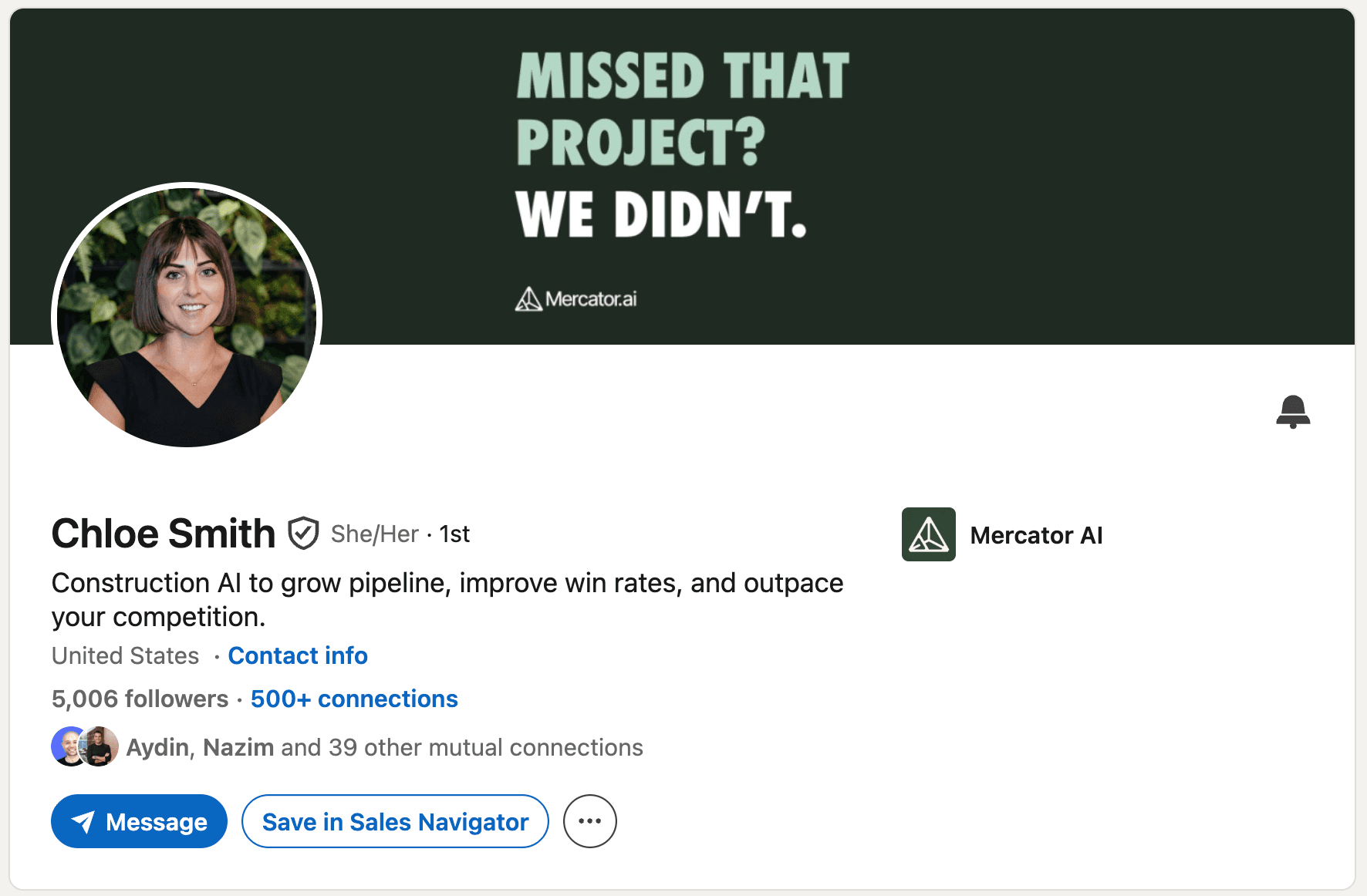LinkedIn headline example - Chloe Smith (Mercator AI): "Construction AI to grow pipeline, improve win rates, and outpace your competitio"