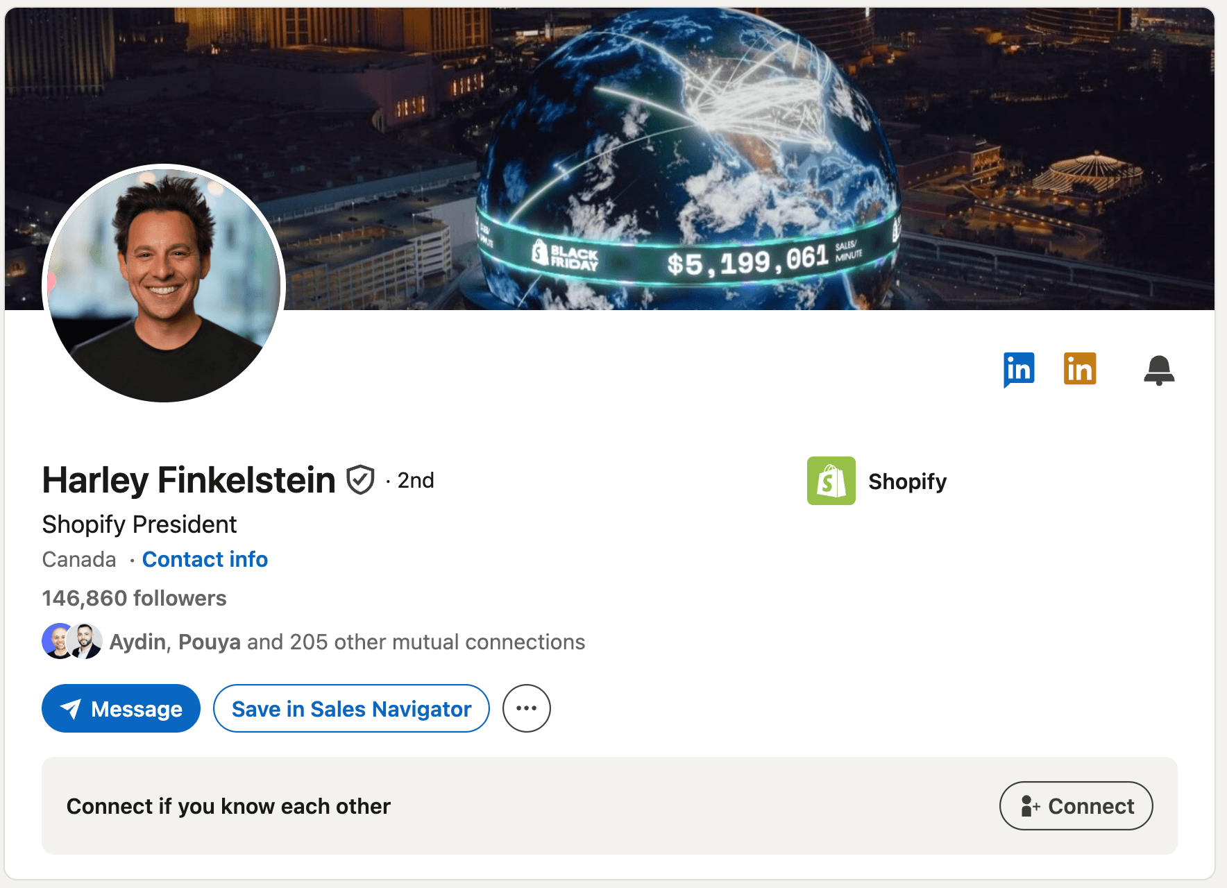 LinkedIn headline example - Harley Finkelstein (Shopify): "Shopify President"