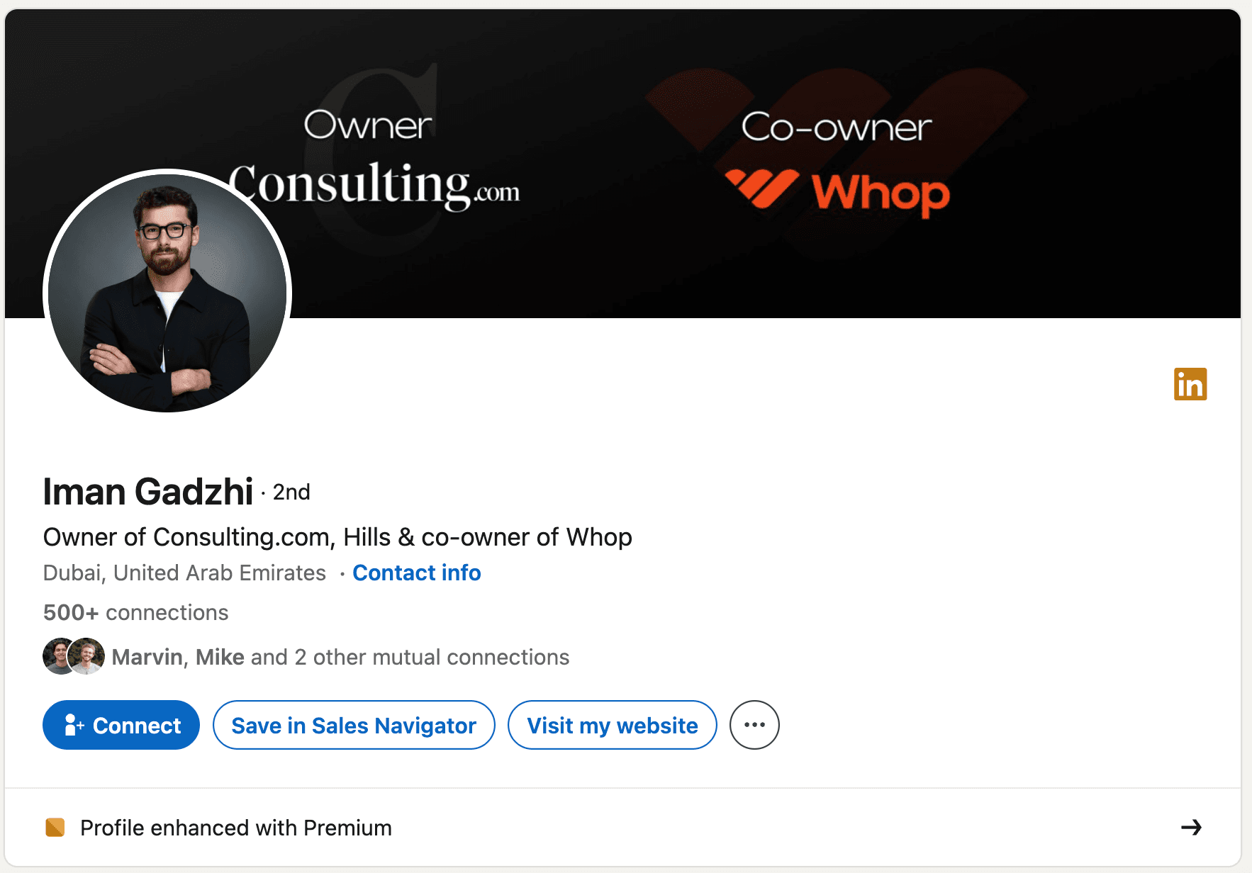 LinkedIn headline example - Iman Gadzhi: "Owner of Consulting.com, Hills & co-owner of Whop"