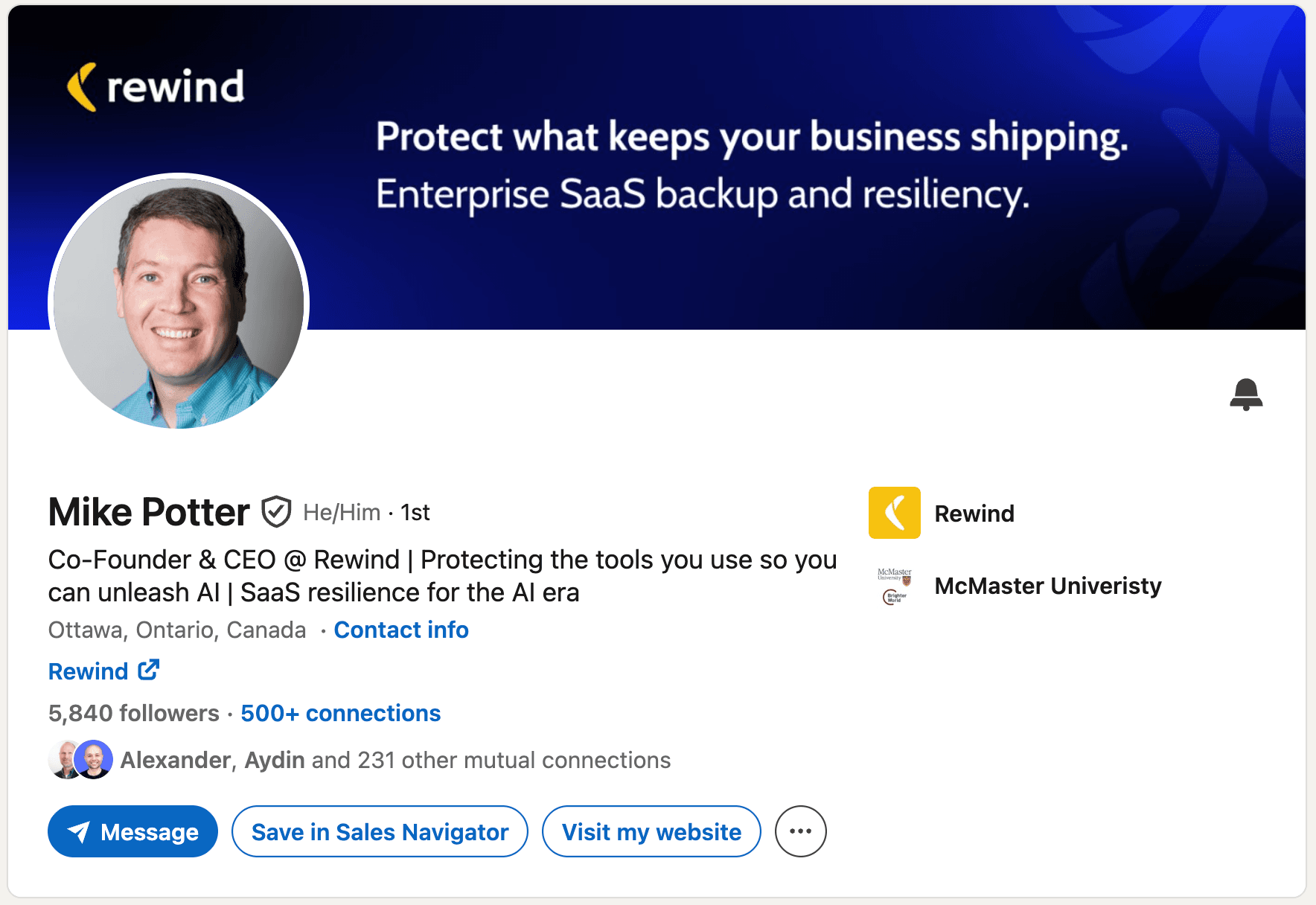 LinkedIn headline example - Mike Potter (Rewind): "Co-Founder & CEO @ Rewind | Protecting the tools you use so you can unleash AI |"