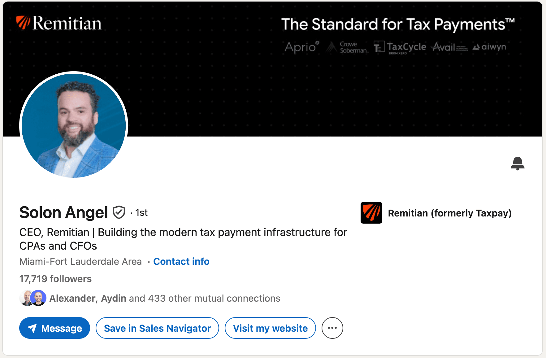 LinkedIn headline example - Solon Angel (Remitian): "CEO, Remitian | Building the modern tax payment infrastructure for CPAs and CFOs"