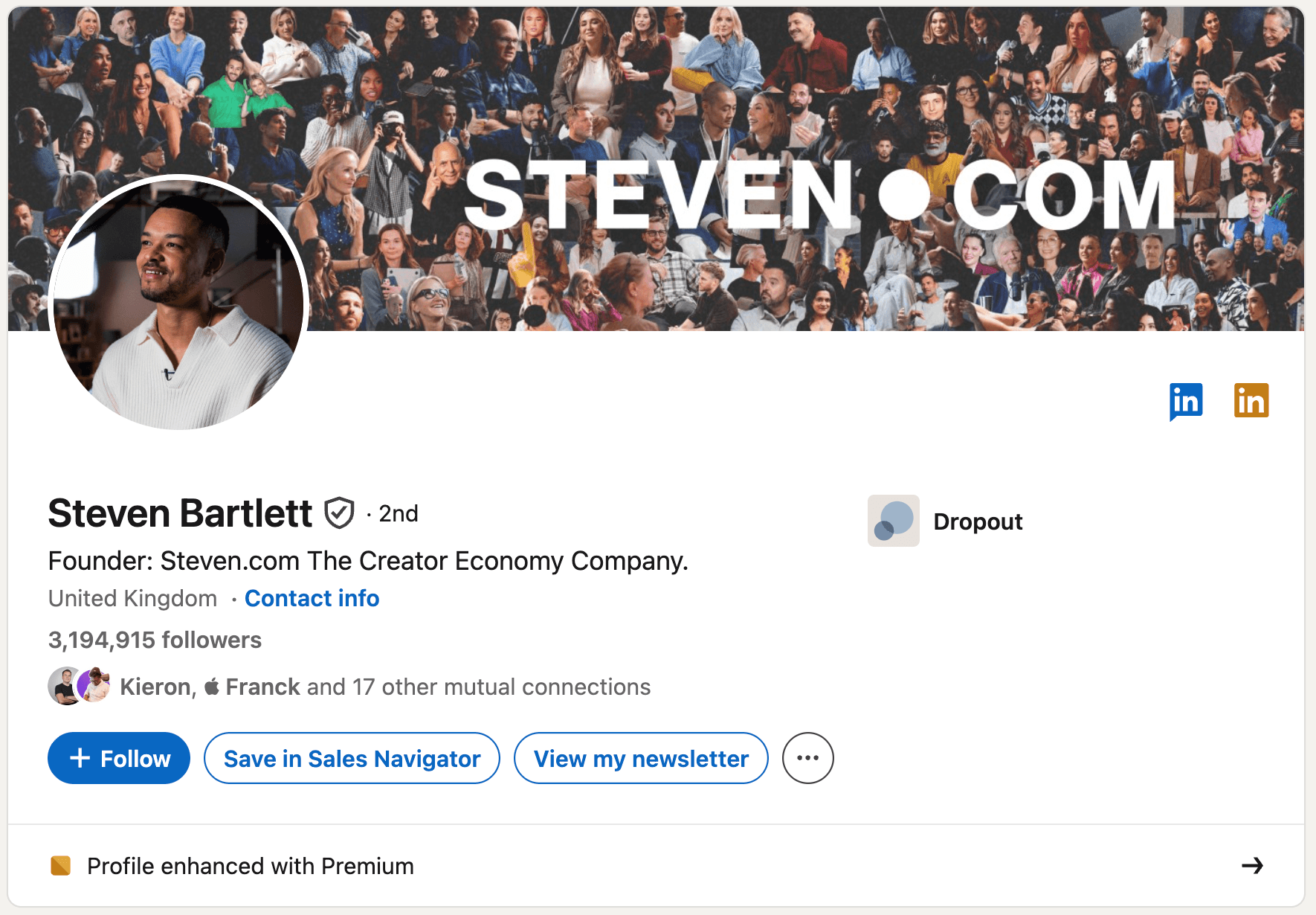 LinkedIn headline example - Steven Bartlett: "Founder: Steven.com The Creator Economy Company."