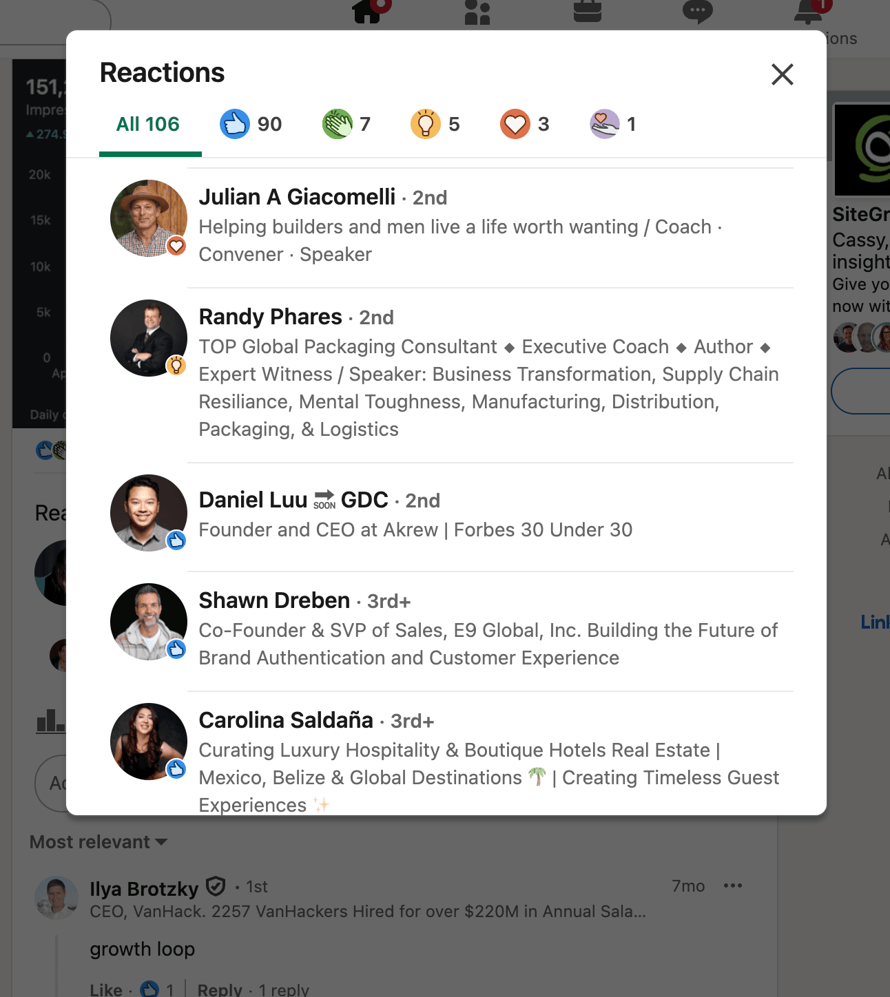 A list of the people who liked a LinkedIn post, captured by Postbeam