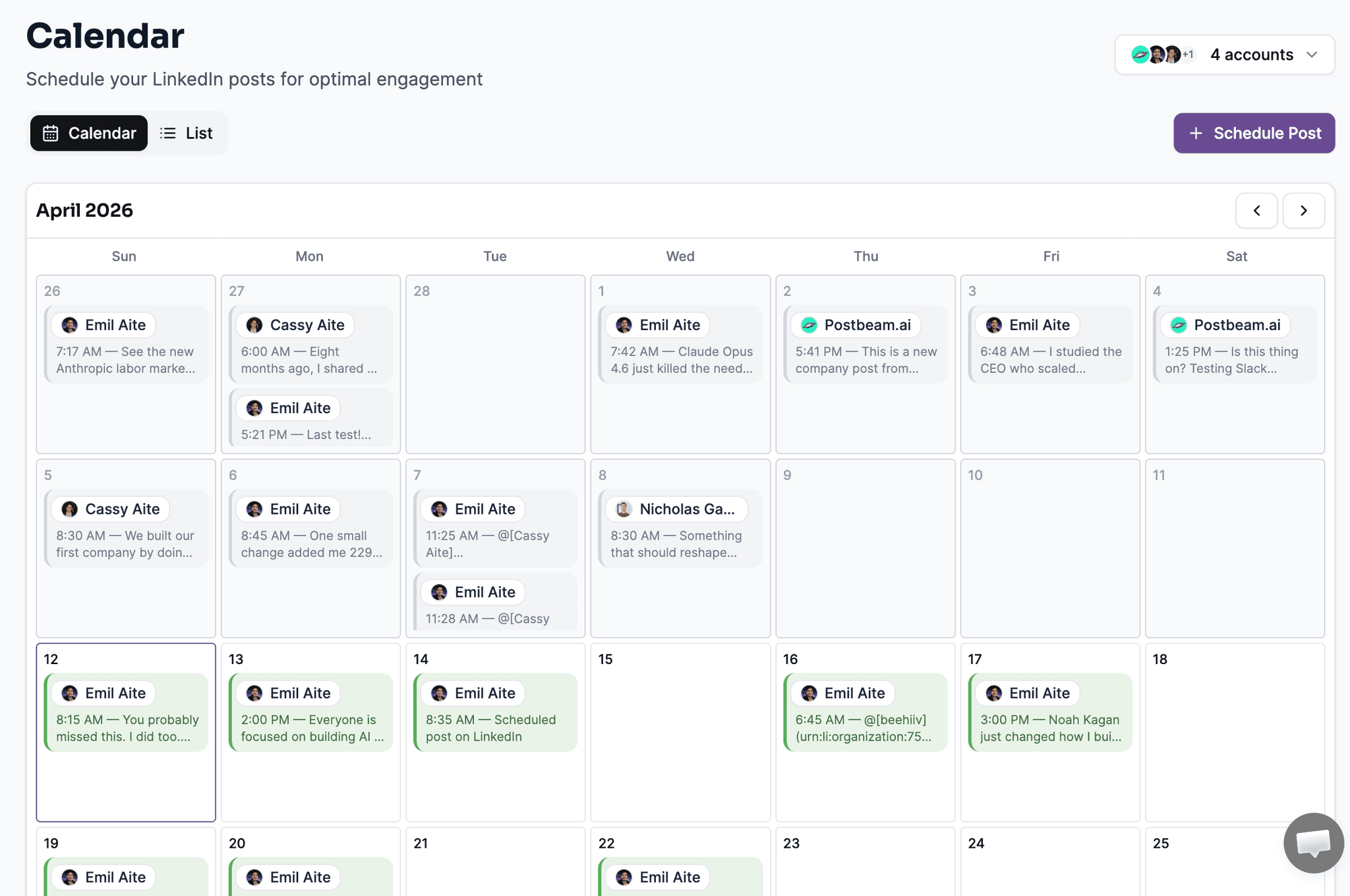 Postbeam content calendar with scheduled LinkedIn posts across the team