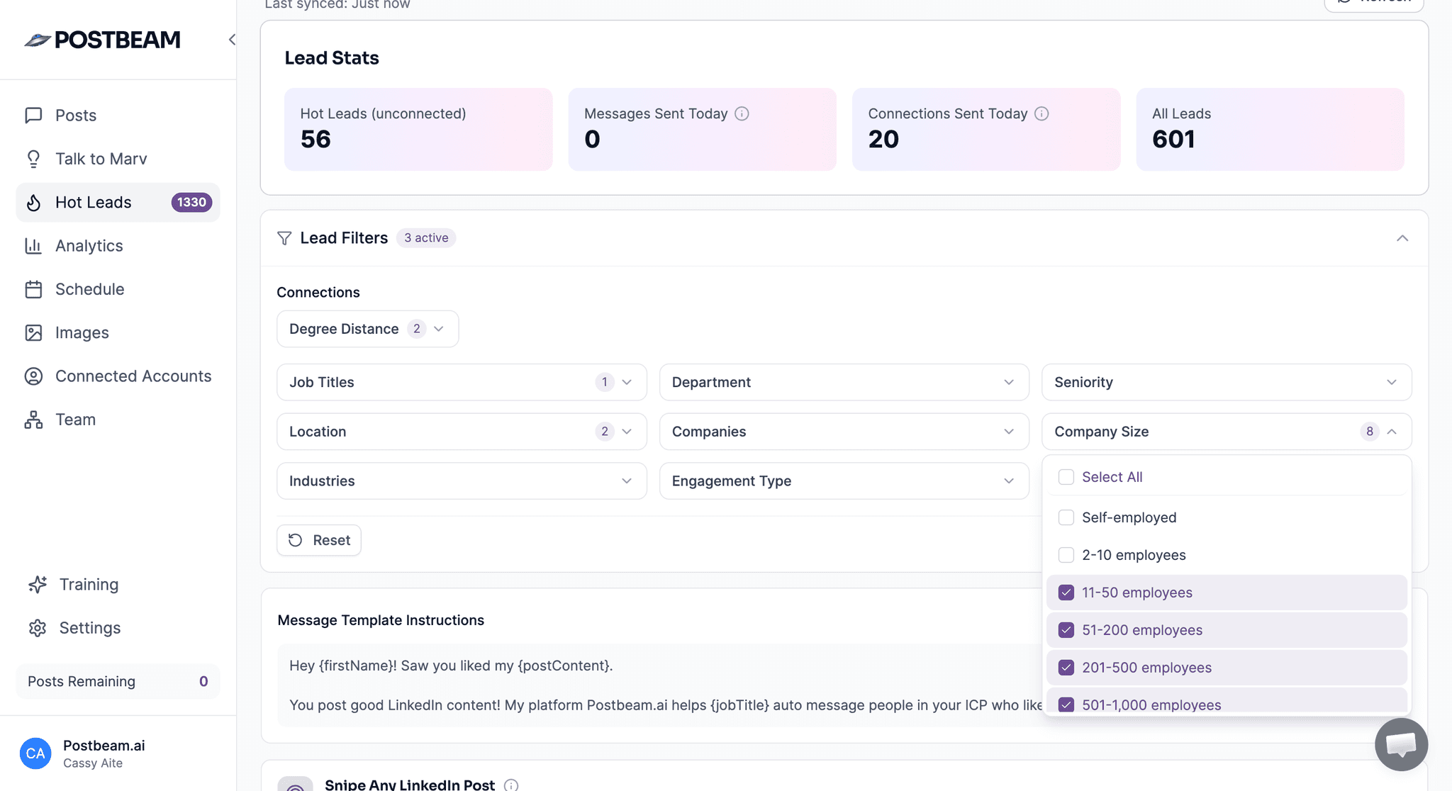 Postbeam's ICP filter matching LinkedIn engagers by job title, seniority, company size, and industry