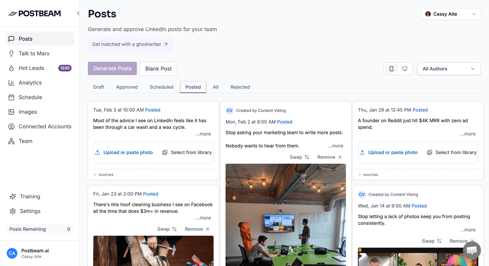 Postbeam's post approval system where generated drafts wait for review before anything publishes