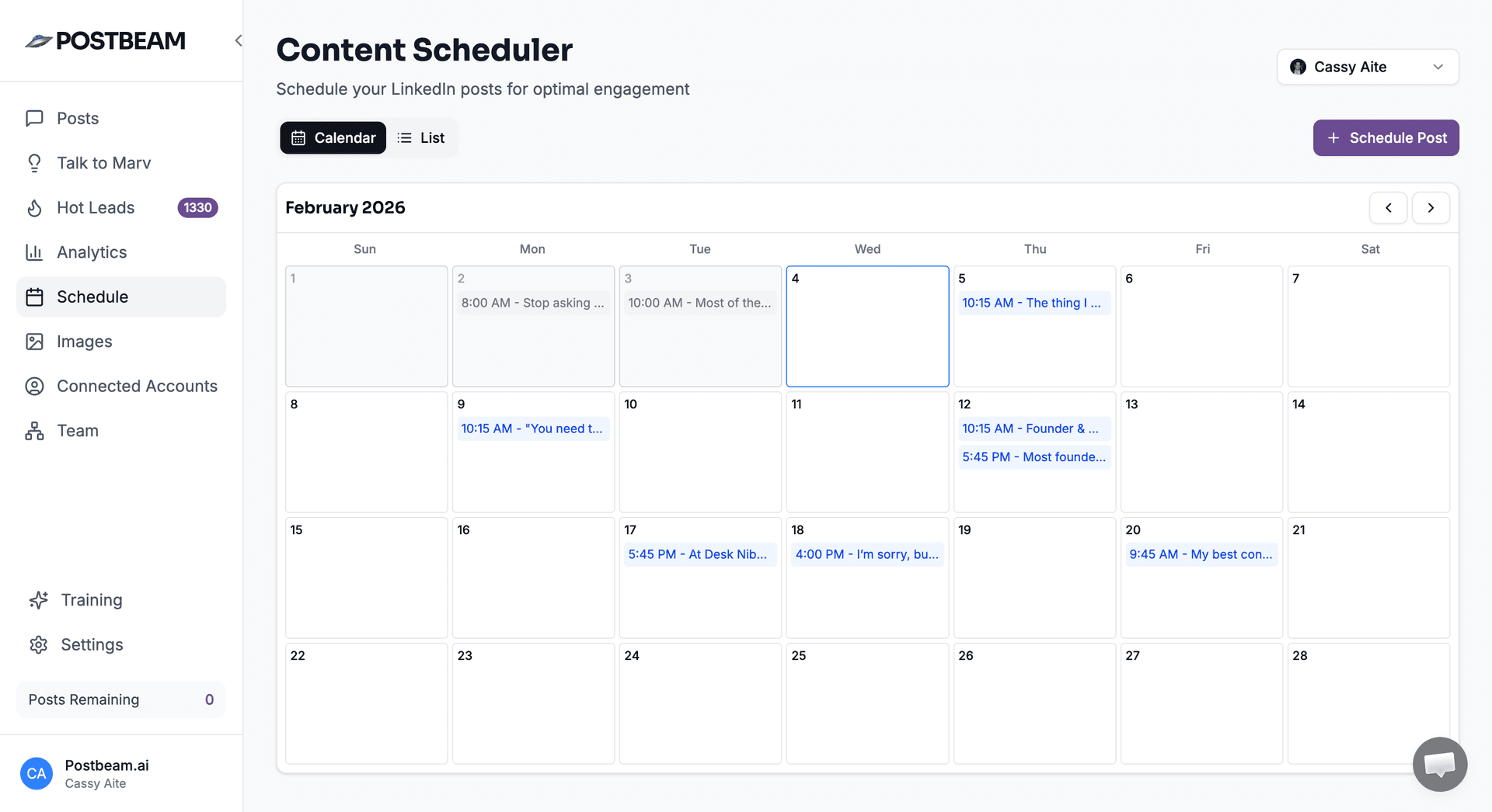 Postbeam scheduling view where a founder approves and schedules a week of posts