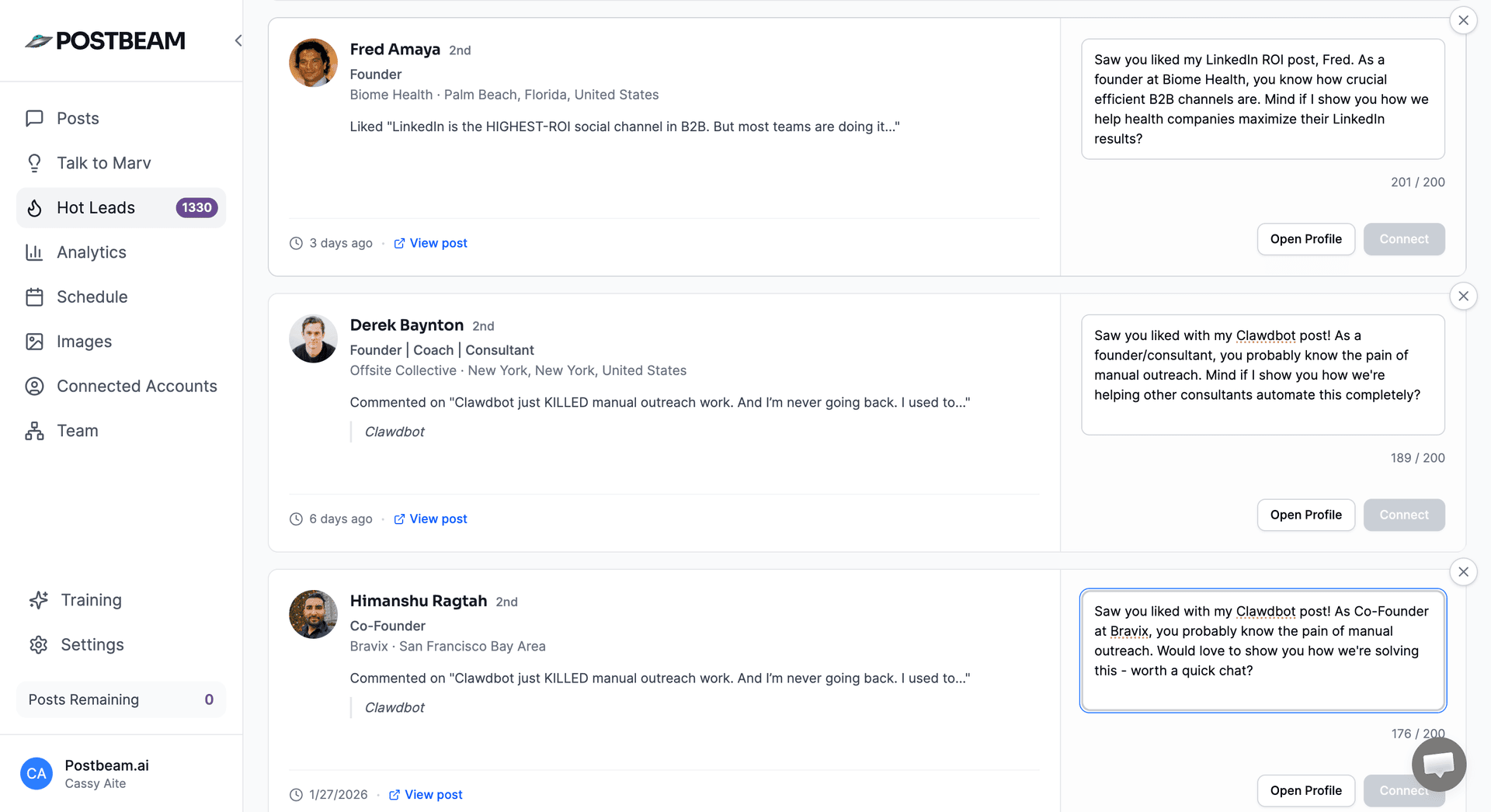 Postbeam Hot Leads view showing warm leads captured from a founder's post engagement