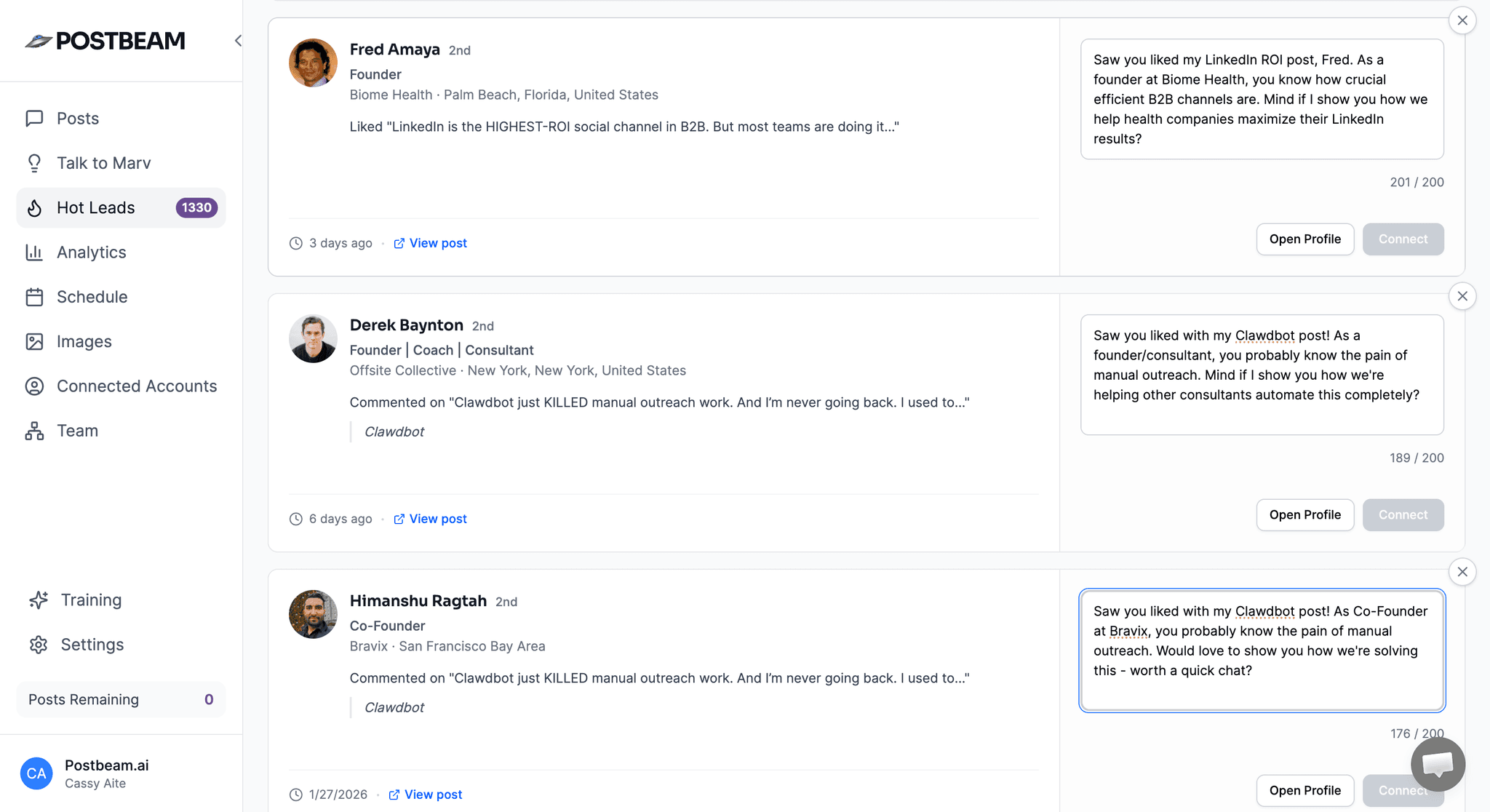 Postbeam hot leads view showing post engagers filtered against an ideal customer profile