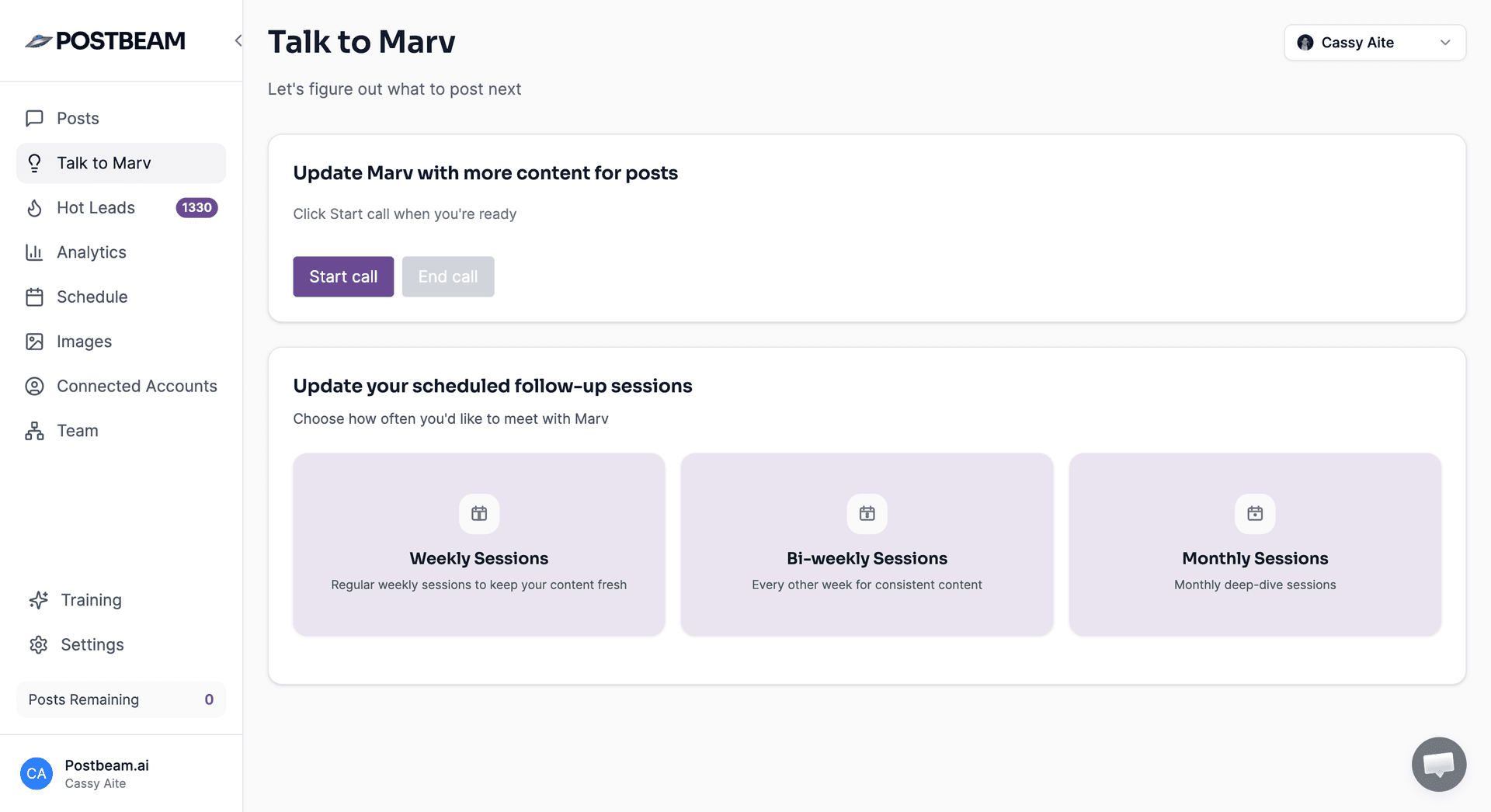 A founder having a 15-minute conversation with Marv to generate post ideas