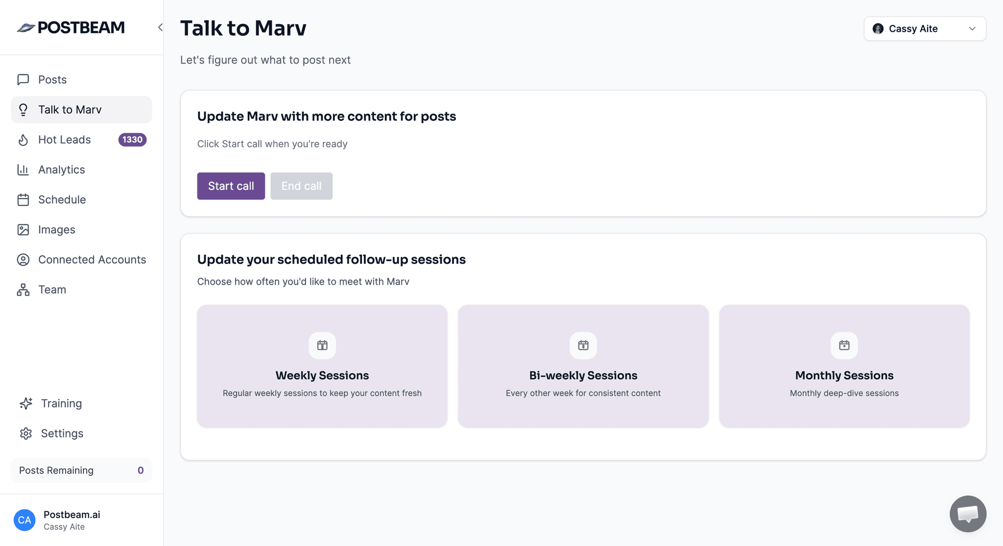 Talking to Marv, Postbeam's AI, in a conversation that turns into LinkedIn post drafts