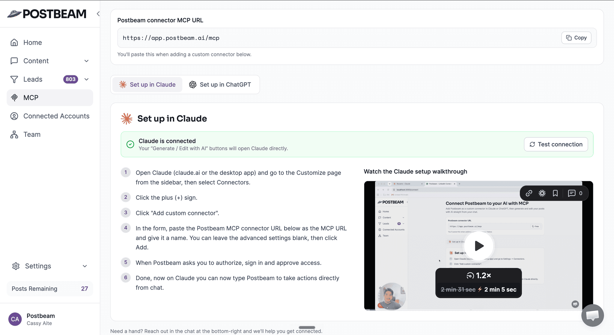 Scheduling LinkedIn posts from Claude through Postbeam's MCP connector