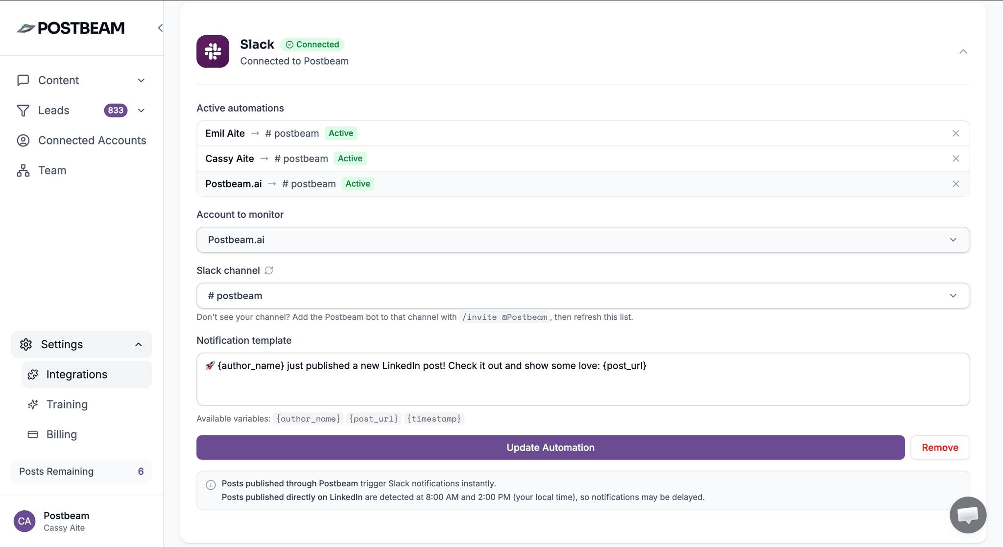 The full Slack integration settings in Postbeam: connected status, active automations, account to monitor, Slack channel, and notification template