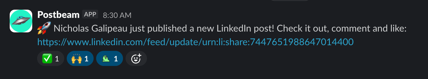 Slack notification from the Postbeam app announcing a new LinkedIn post with a link and emoji reactions