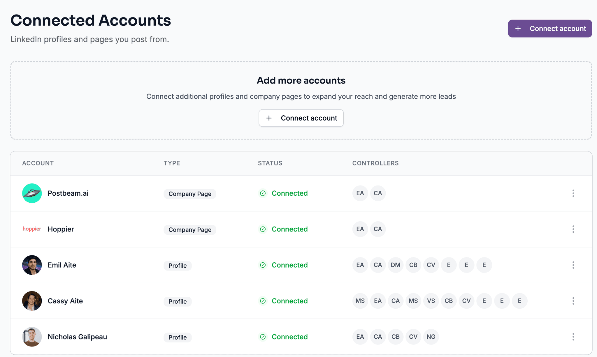 Postbeam dashboard managing multiple client LinkedIn accounts