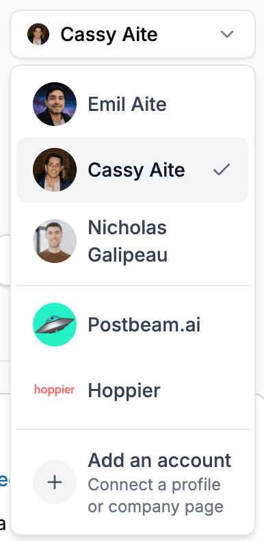 Postbeam account switcher listing team members and company pages