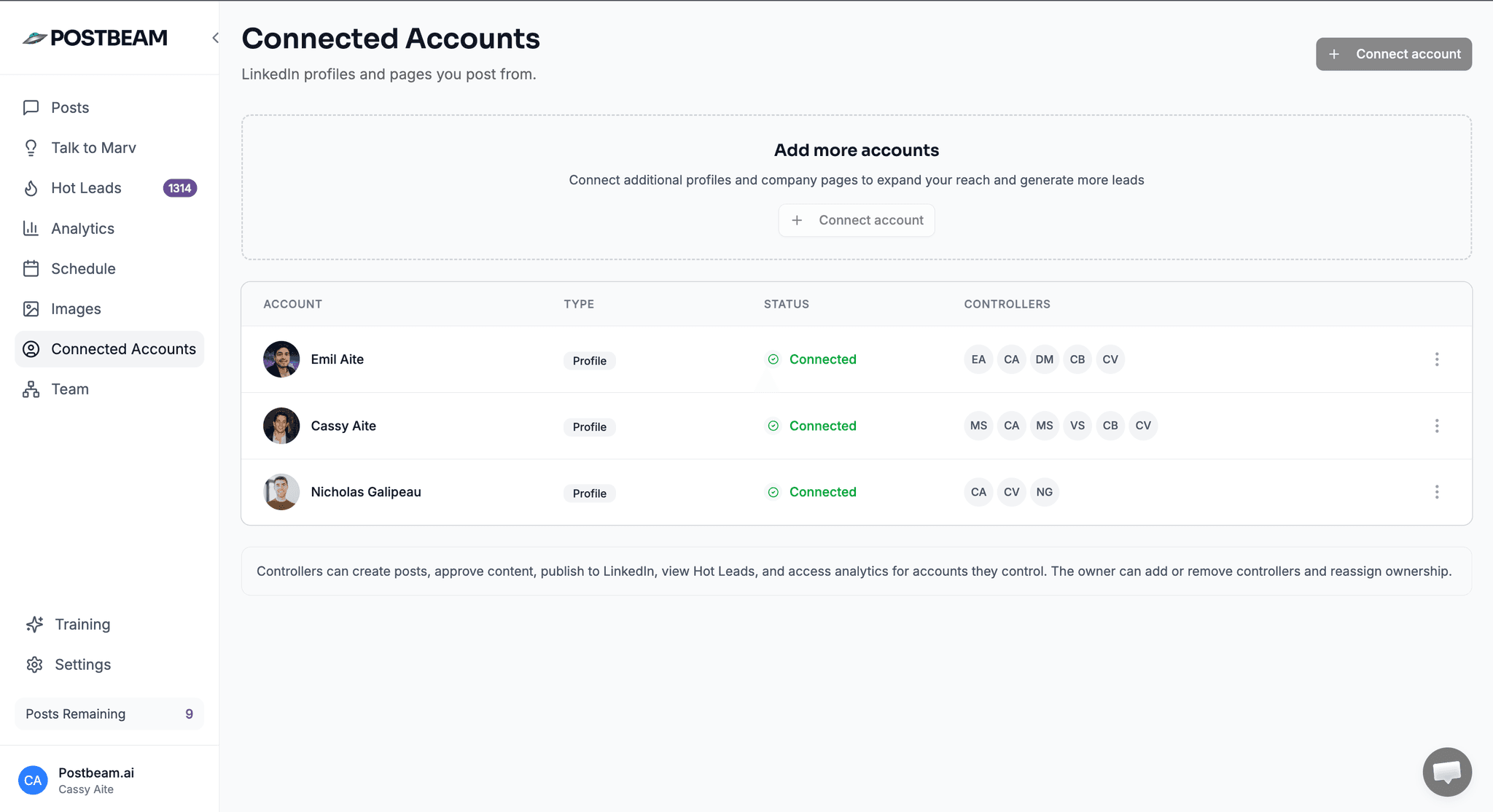 Postbeam connected accounts management