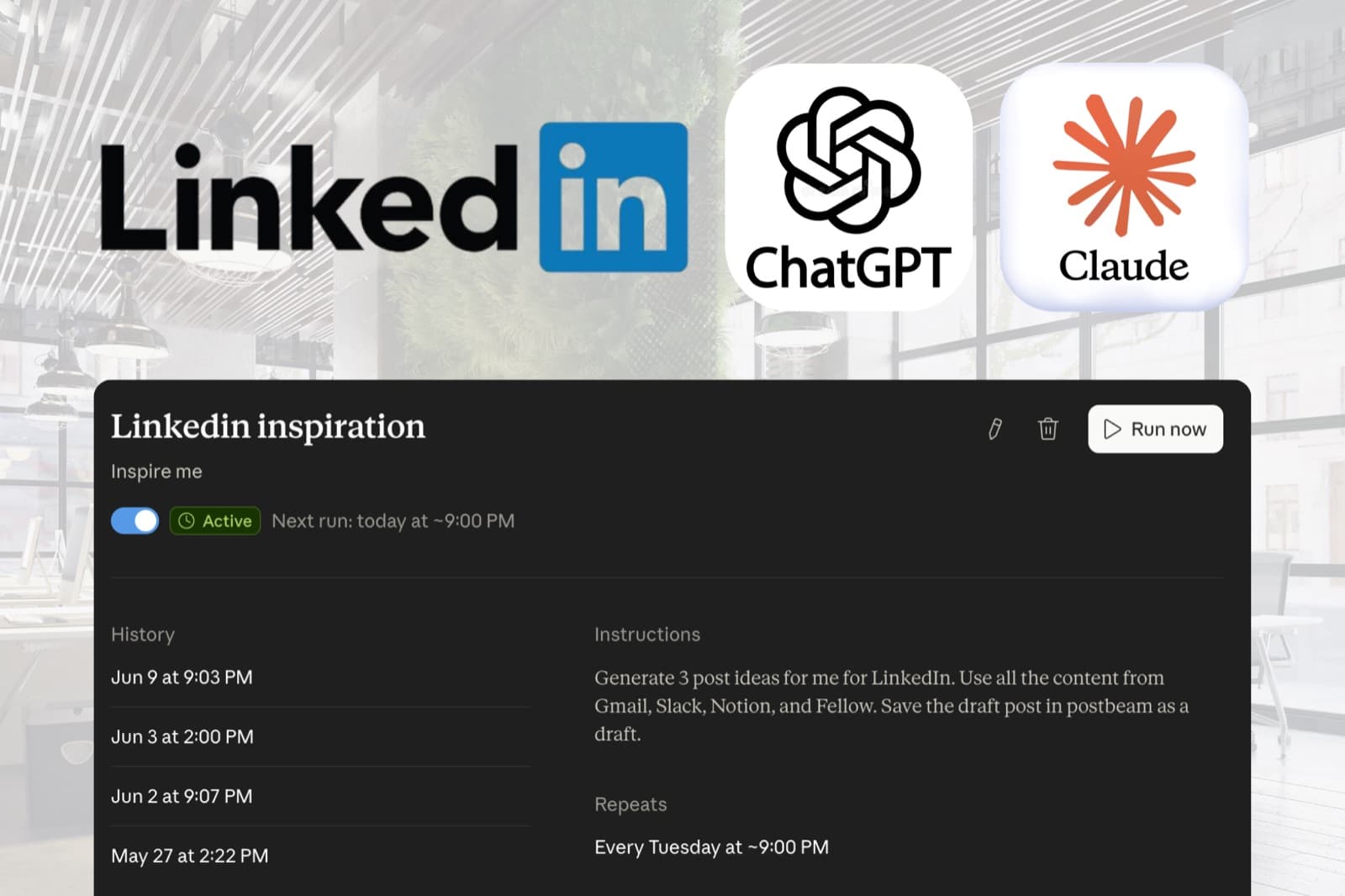 A LinkedIn MCP connecting Claude and ChatGPT to a scheduled LinkedIn posting task