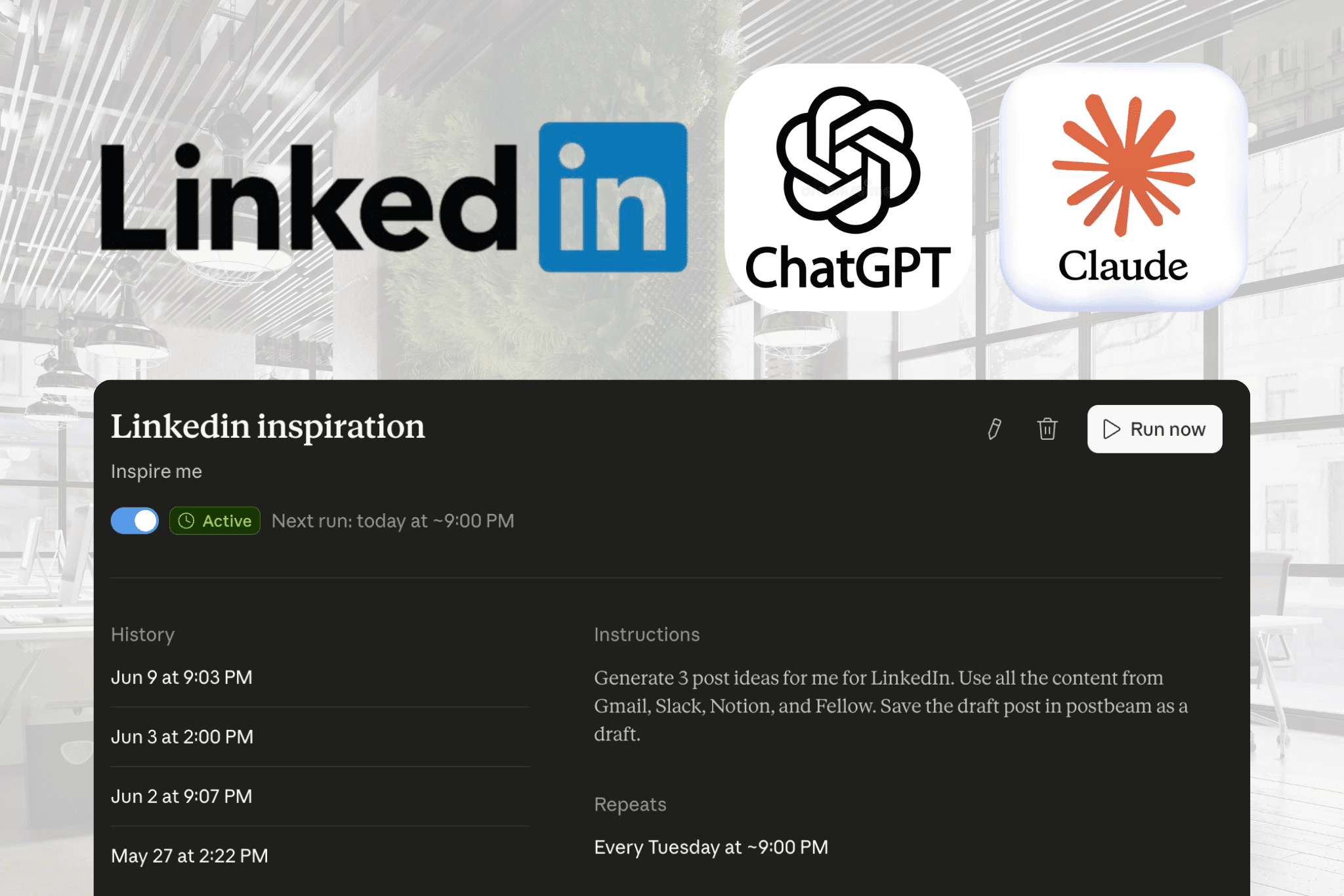 A LinkedIn MCP connecting Claude and ChatGPT to a scheduled LinkedIn posting task