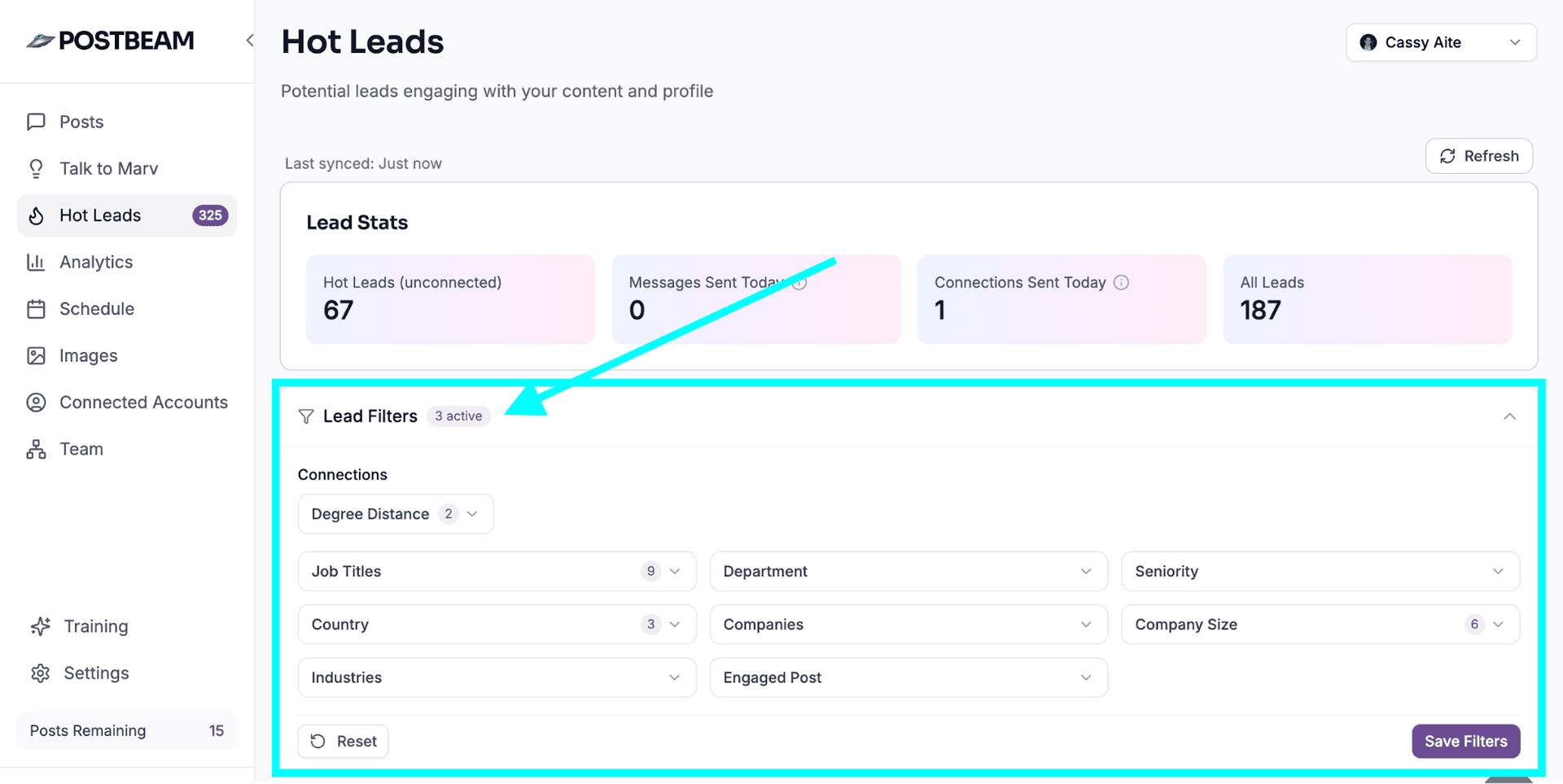 Postbeam signal tracking UI