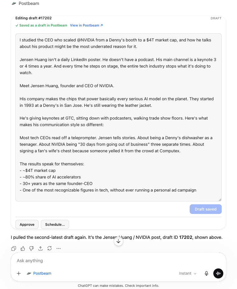 Editing and scheduling a Postbeam LinkedIn draft inside ChatGPT, with Approve and Schedule buttons