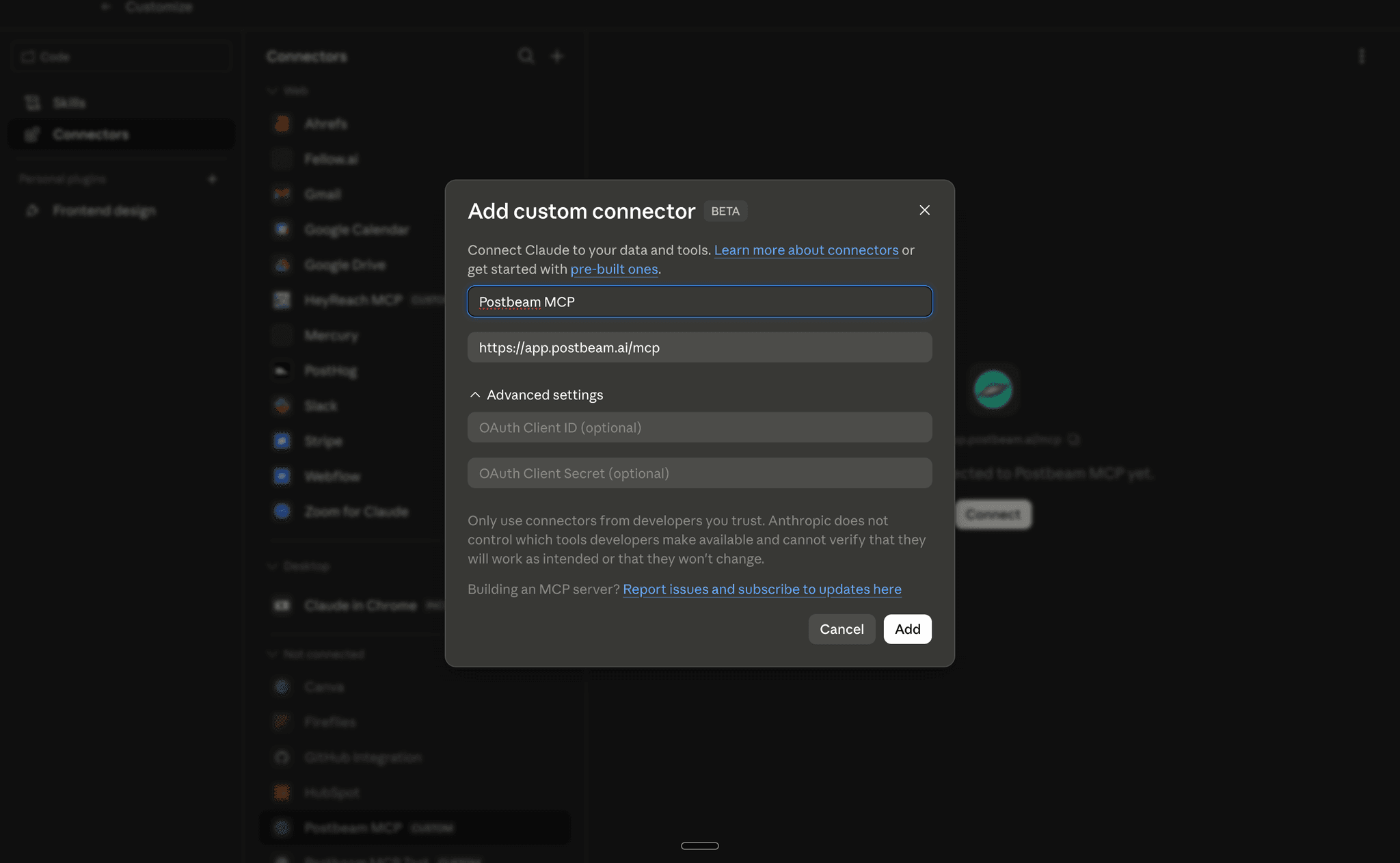 Entering the Postbeam name and MCP server URL in Claude's custom connector form