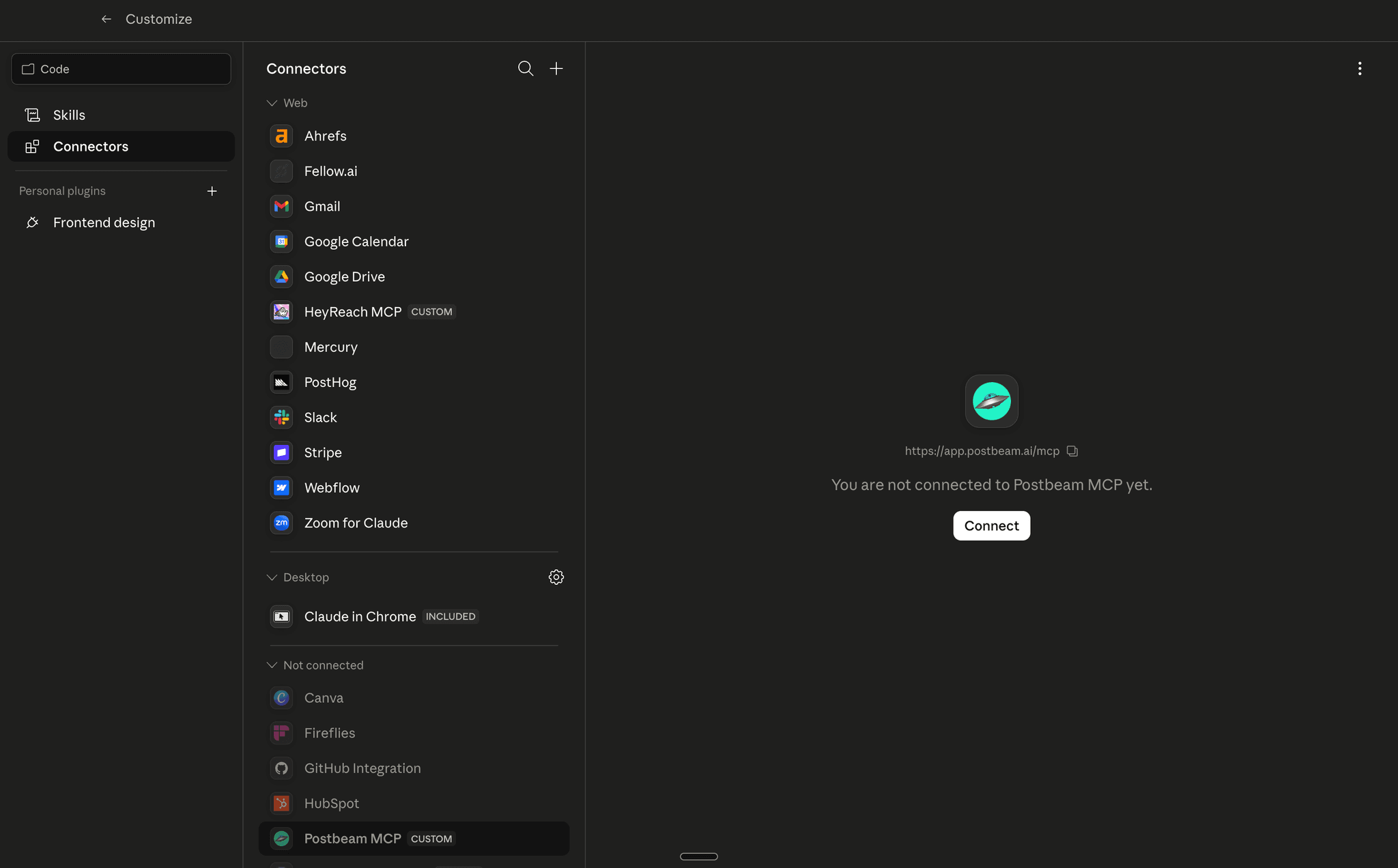 Connect button next to Postbeam MCP in Claude