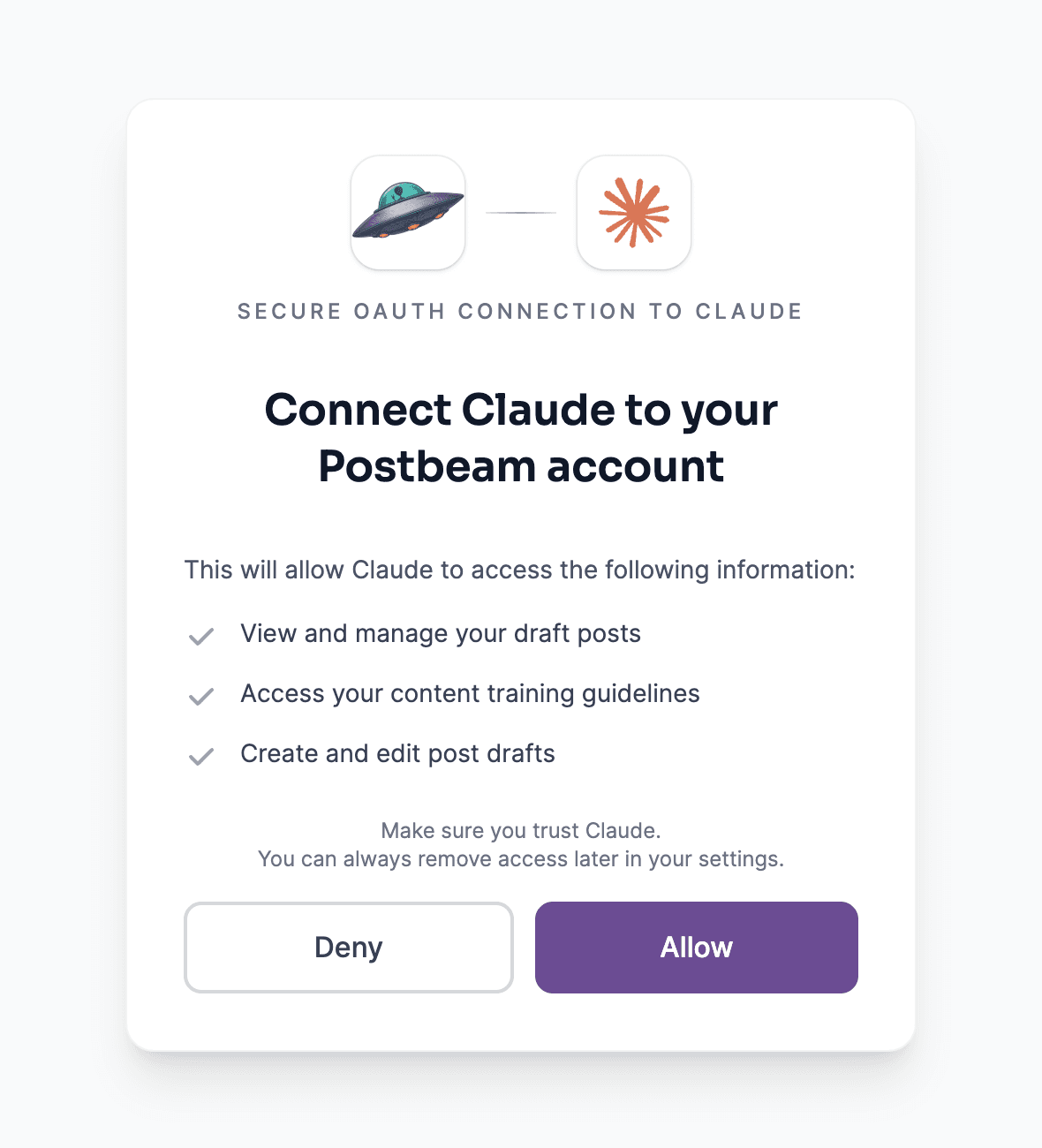 Secure OAuth approval connecting Claude to your Postbeam account