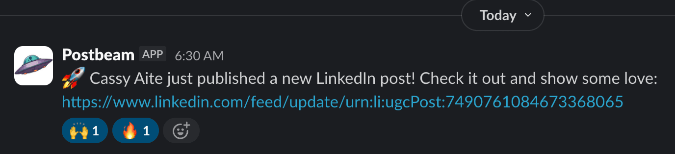 A Slack notification from Postbeam announcing a new LinkedIn post