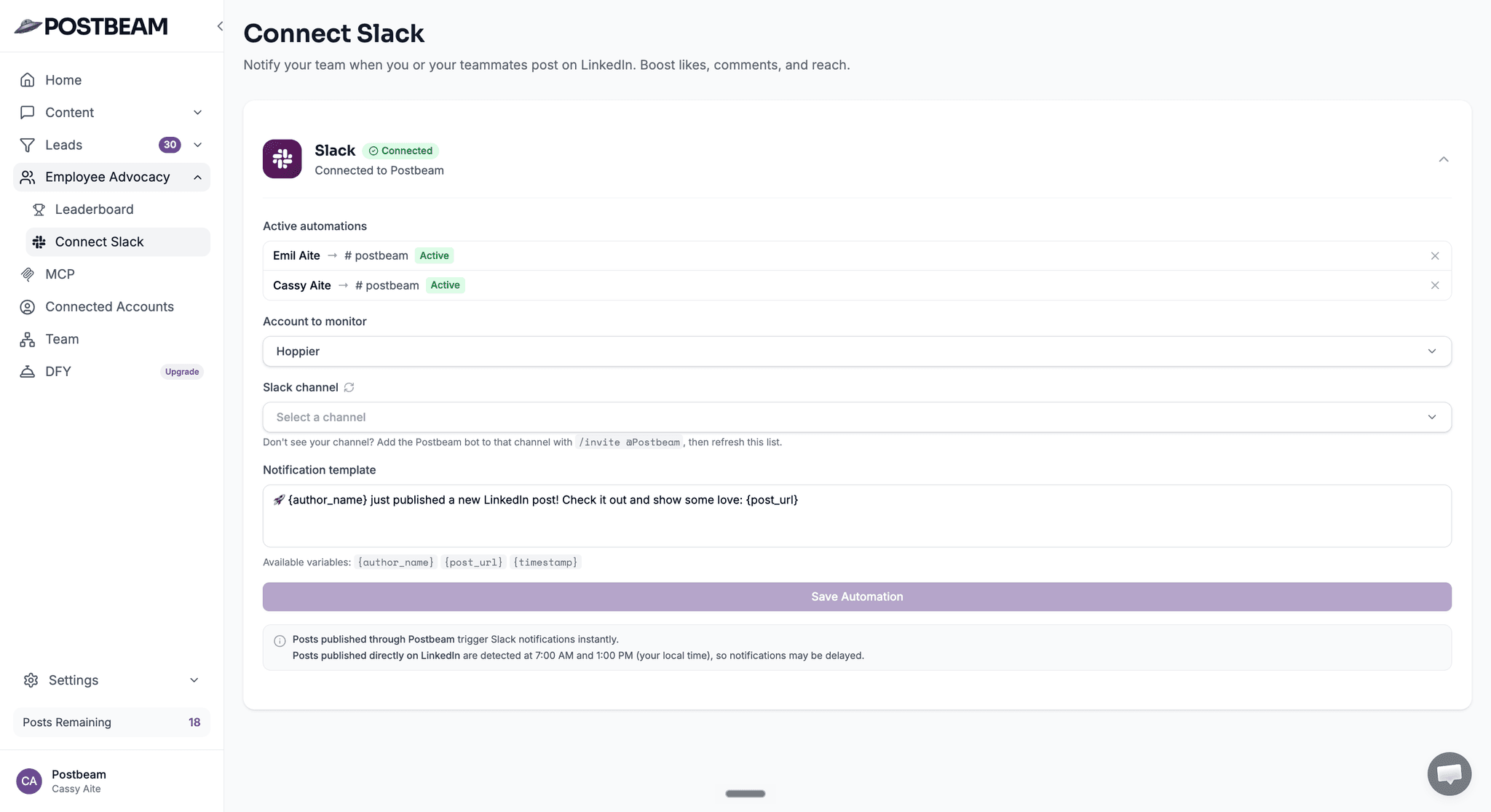 Postbeam's Connect Slack settings: pick accounts to monitor, a channel, and a notification template