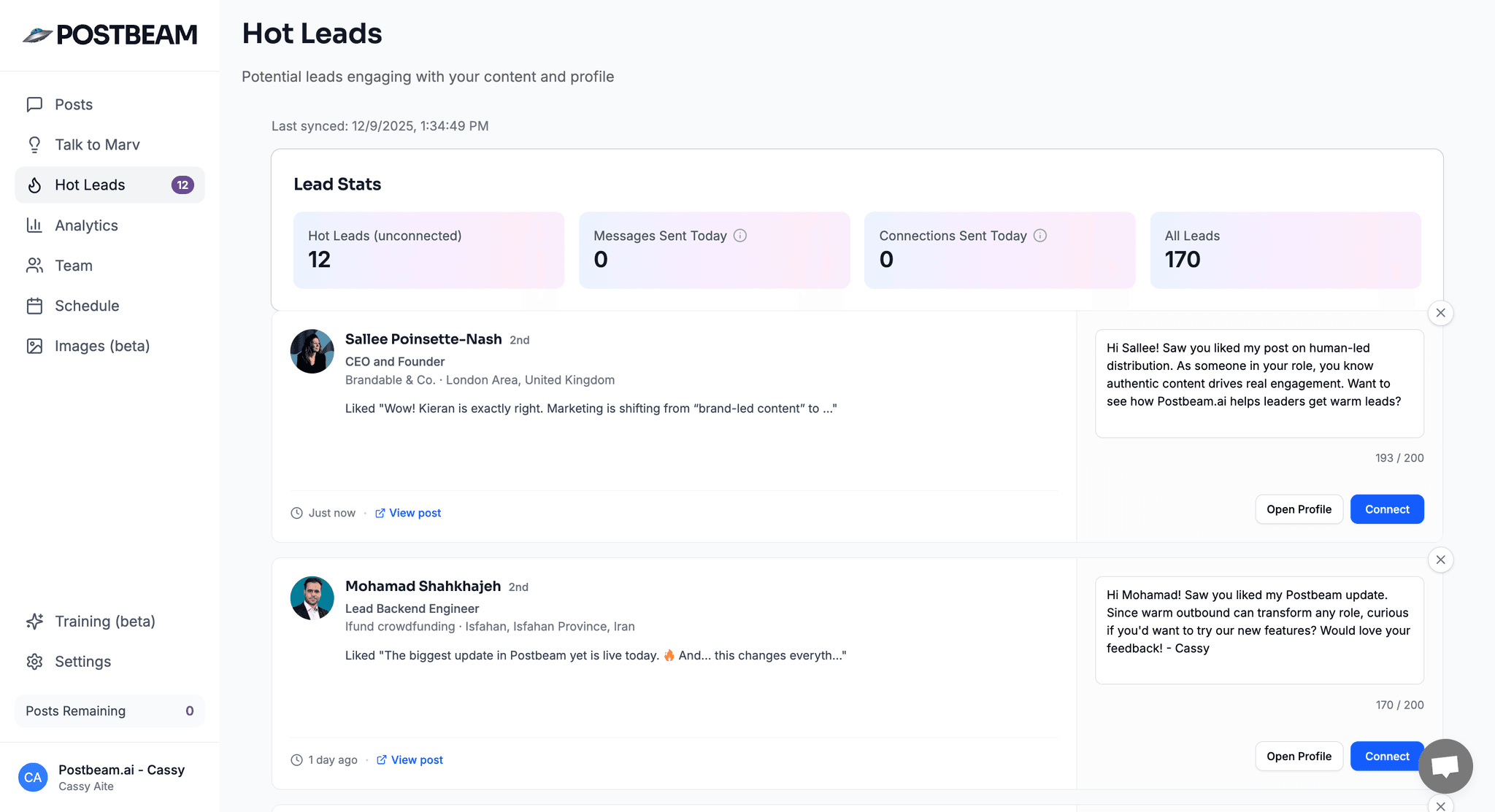 Postbeam Hot Leads view showing potential leads engaging with your content, with pre-drafted openers