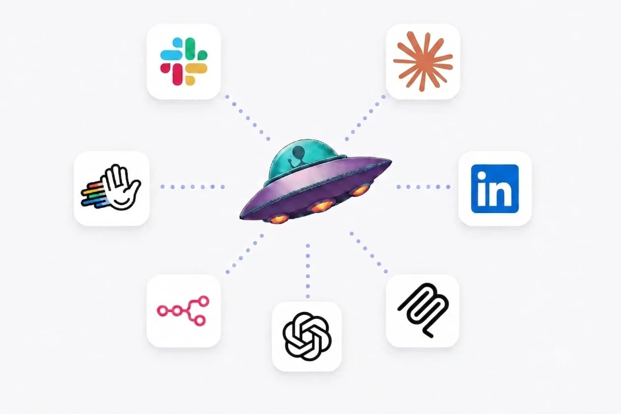 The Postbeam UFO connected to Slack, Claude, LinkedIn, ChatGPT, Poke, and other tools