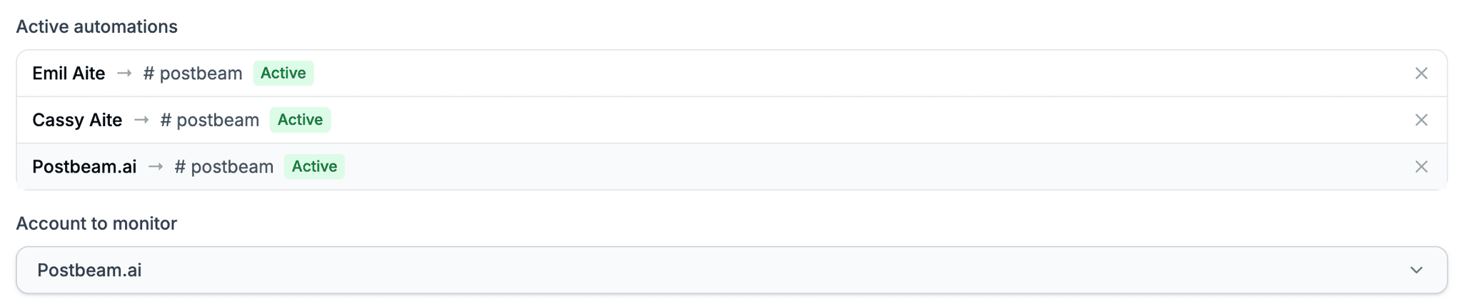Postbeam Slack settings showing active automations for multiple team members and the account-to-monitor selector