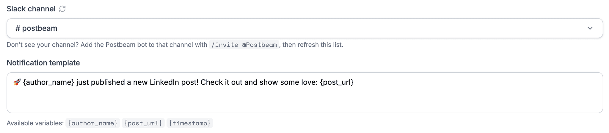 Postbeam Slack settings showing the channel selector and the customizable notification template with variables
