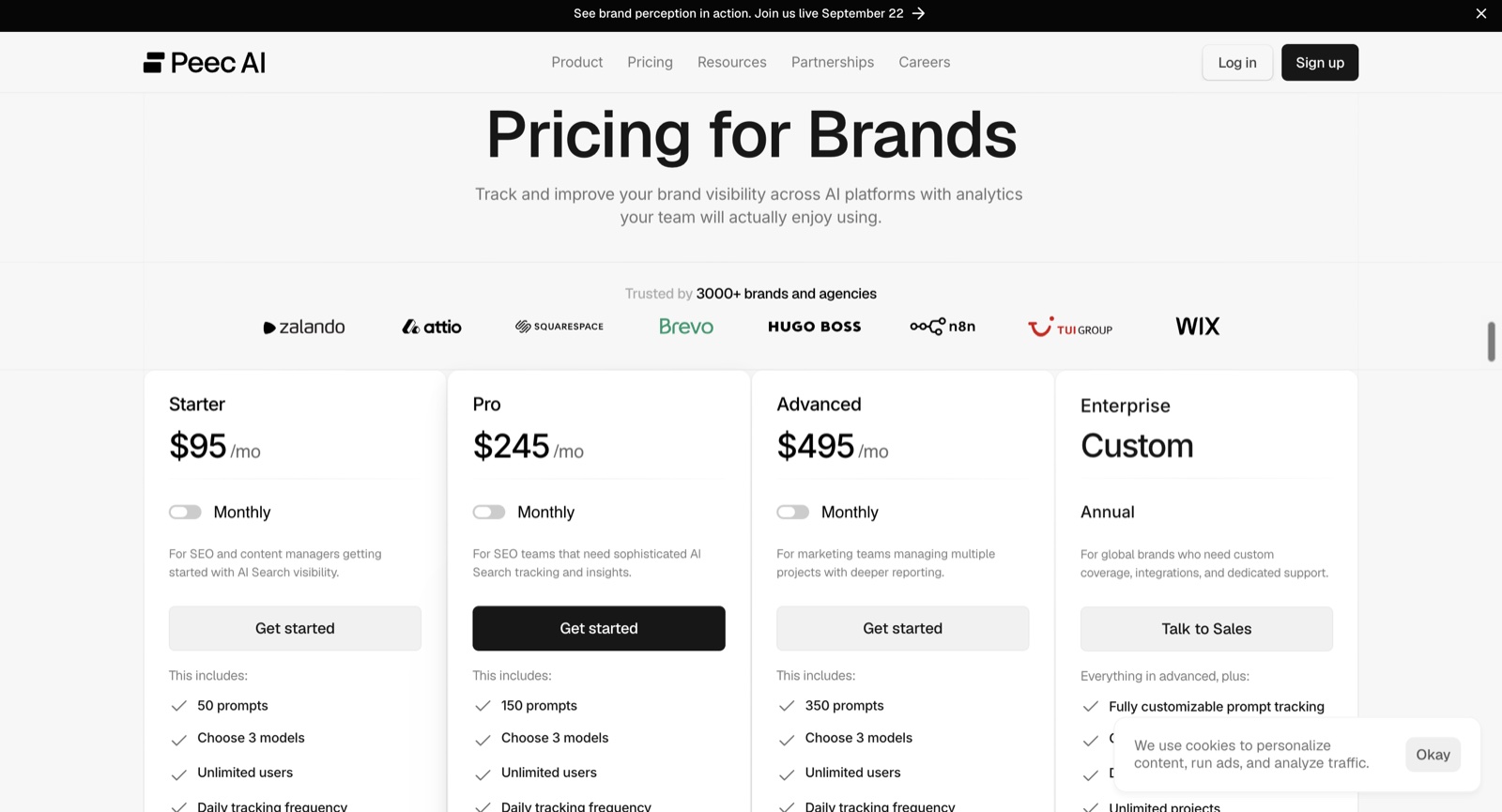 Peec AI pricing for brands: Starter $95/mo, Pro $245/mo, Advanced $495/mo, and a custom Enterprise tier