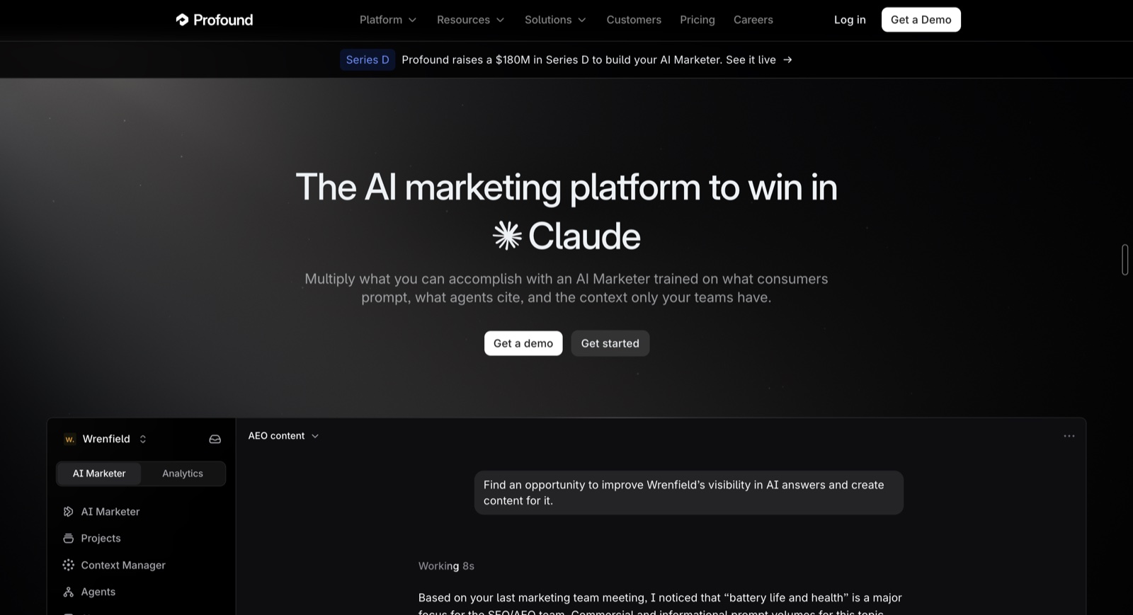 Profound's homepage announcing a $180M Series D to build your AI Marketer