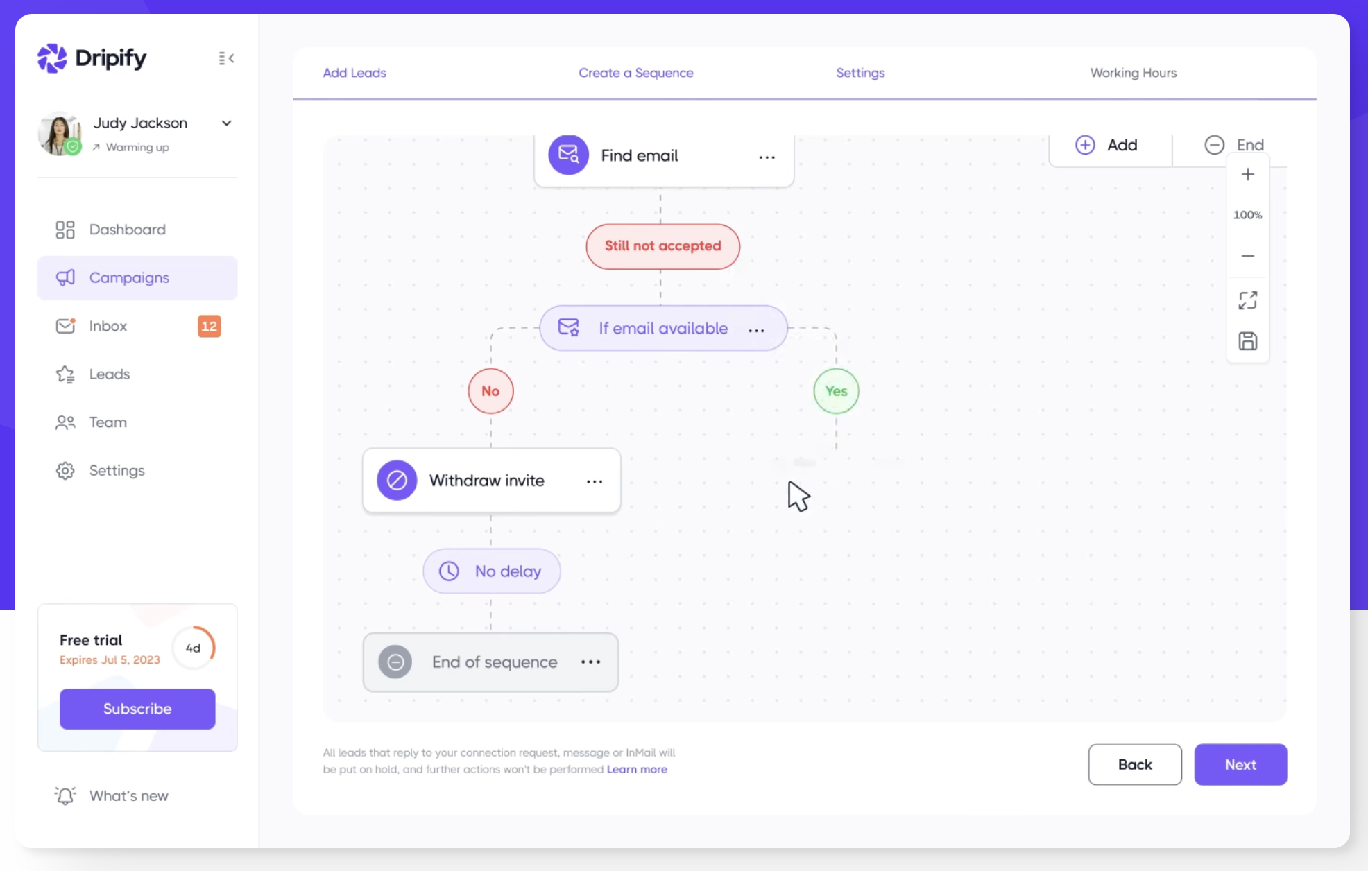 Dripify sequence builder
