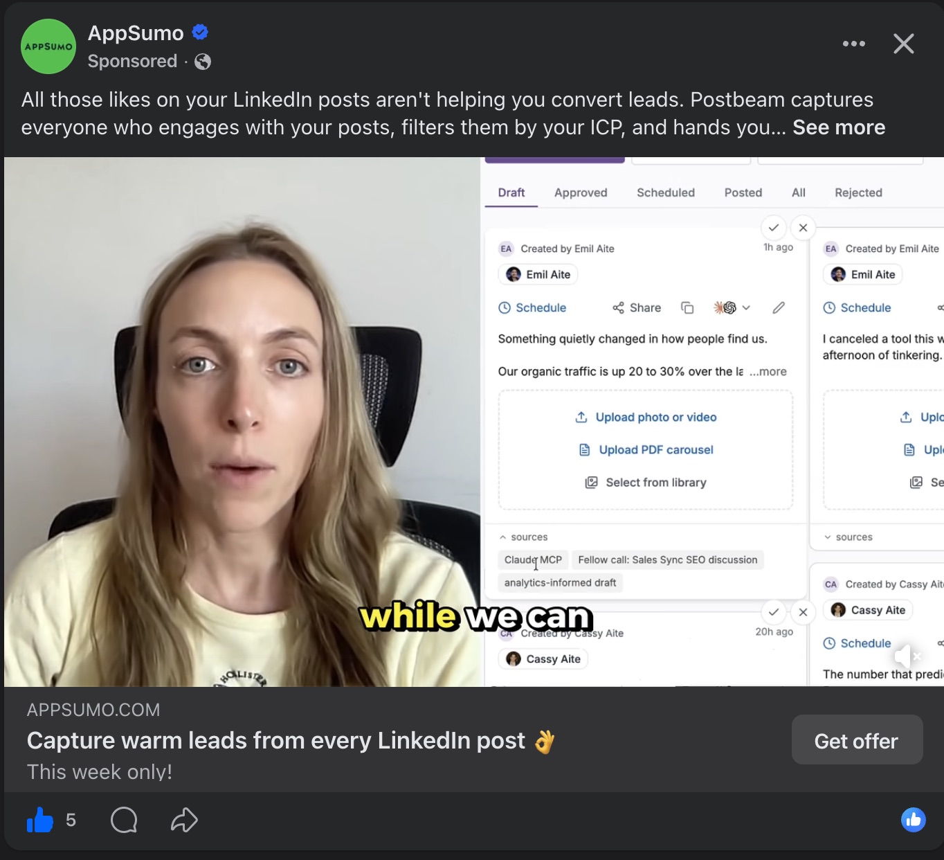 A Facebook ad built from a Postbeam customer testimonial video