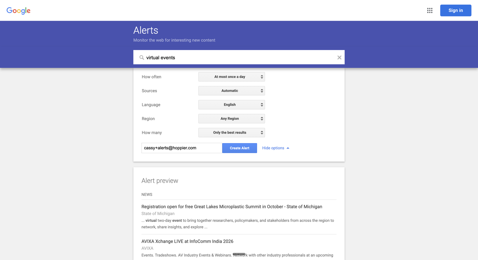 Google Alerts setup for the query virtual events, delivered daily