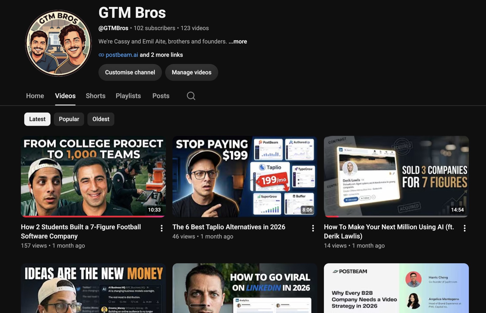 The GTM Bros YouTube channel with 123 videos of GTM breakdowns, comparisons, and webinar replays