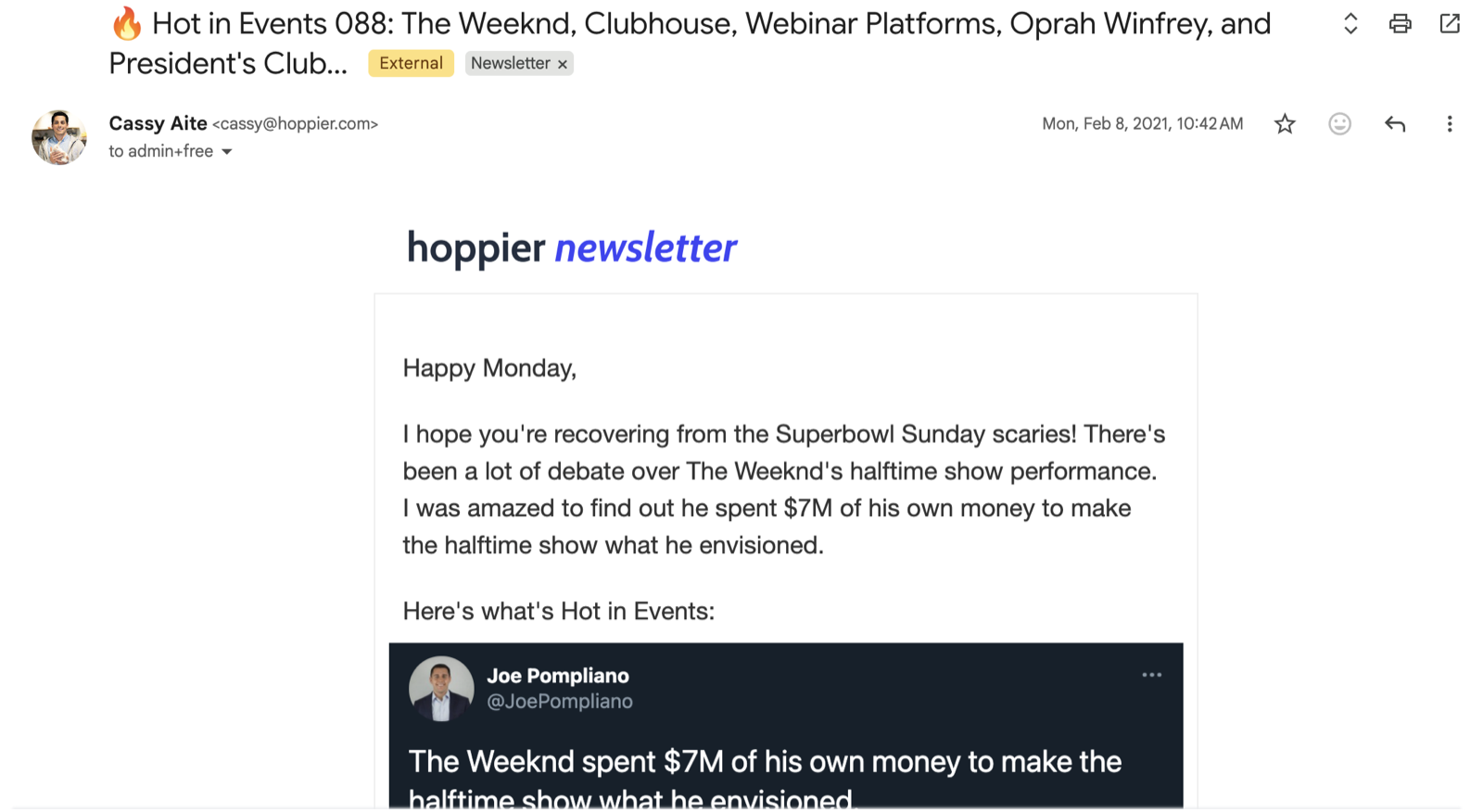 Hoppier's Hot in Events newsletter covering The Weeknd's halftime show, Clubhouse, and webinar platforms