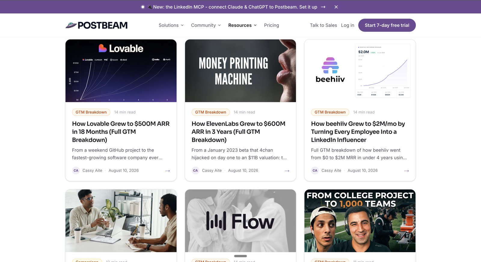 Postbeam's blog grid of GTM breakdown posts on Lovable, ElevenLabs, and beehiiv