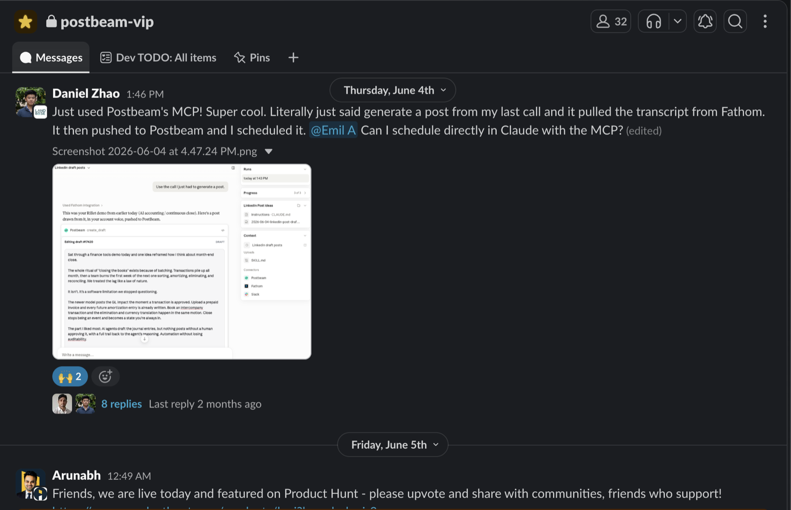The Postbeam VIP Slack channel with a member sharing an MCP workflow and another announcing a Product Hunt launch