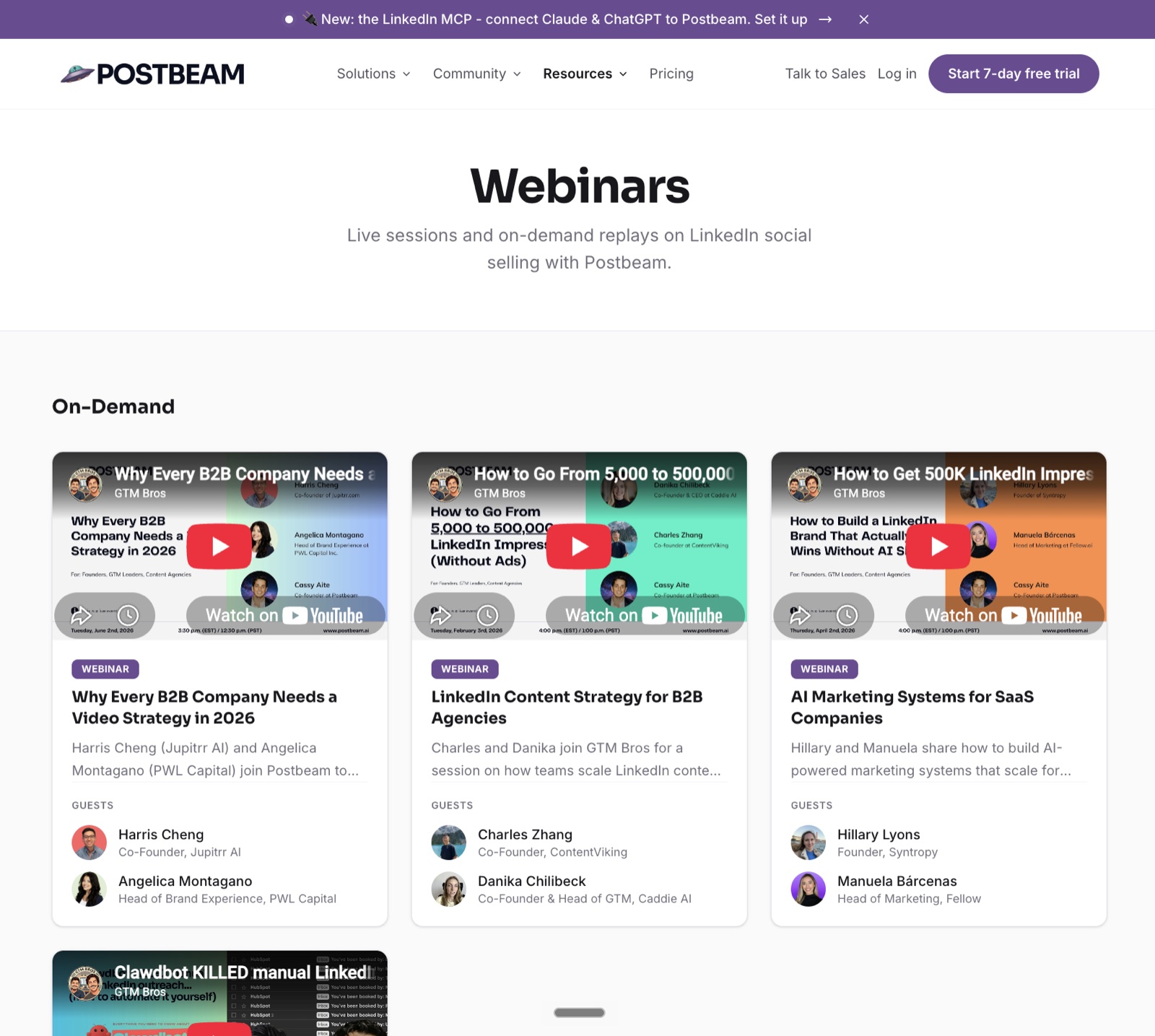 Postbeam's webinars page with on-demand replays of past sessions and their guests