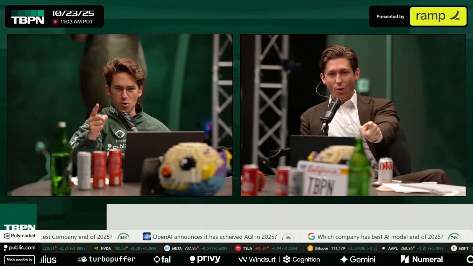 TBPN live show with two hosts, stock tickers and Polymarket odds on screen