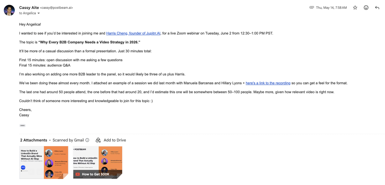The outreach email inviting a guest to a Postbeam webinar panel